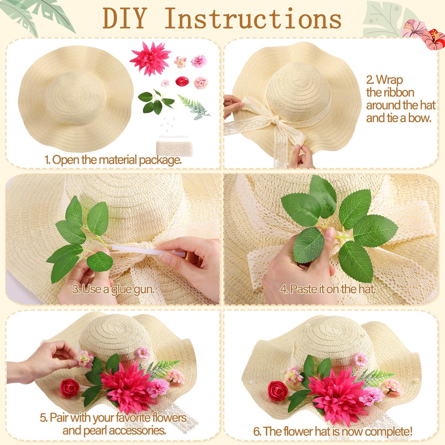 Funnysoft 6 Sets DIY Tea Party Straw Hats Kit DIY Straw Hat for Women Blank Sun Hats with Faux Flower Lace Ribbon for Adults Dress Up Party Camping Picnic Beach Trip Favor Crafts (Vivid Flower)