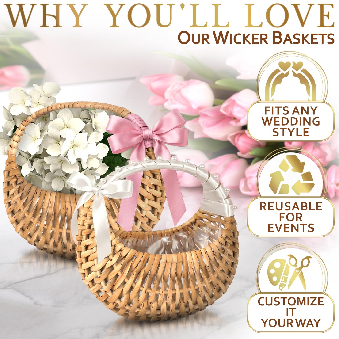 Flower Girl Basket Set of 2 - Charming Rattan with Waterproof Lining, 6.3 x 5.12 x 3.75 Inch - Small Wicker Basket with Handle for Wedding Flower Petals, Confetti, Candy, Gift, Storage & Home Decor