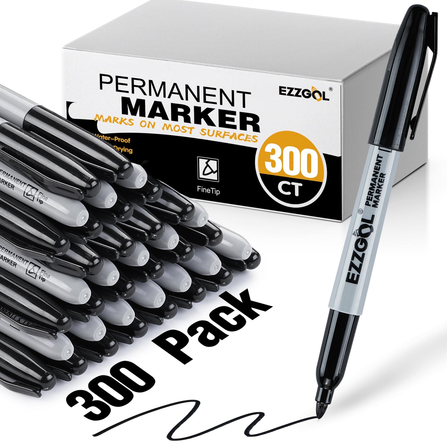 Ezzgol Permanent Markers Bulk, 300 Pack Fine Tip Black Permanent Markers, Waterproof Markers, Premium Smear Proof Pens, Quick Drying, Office Supplies for School, Office, Home