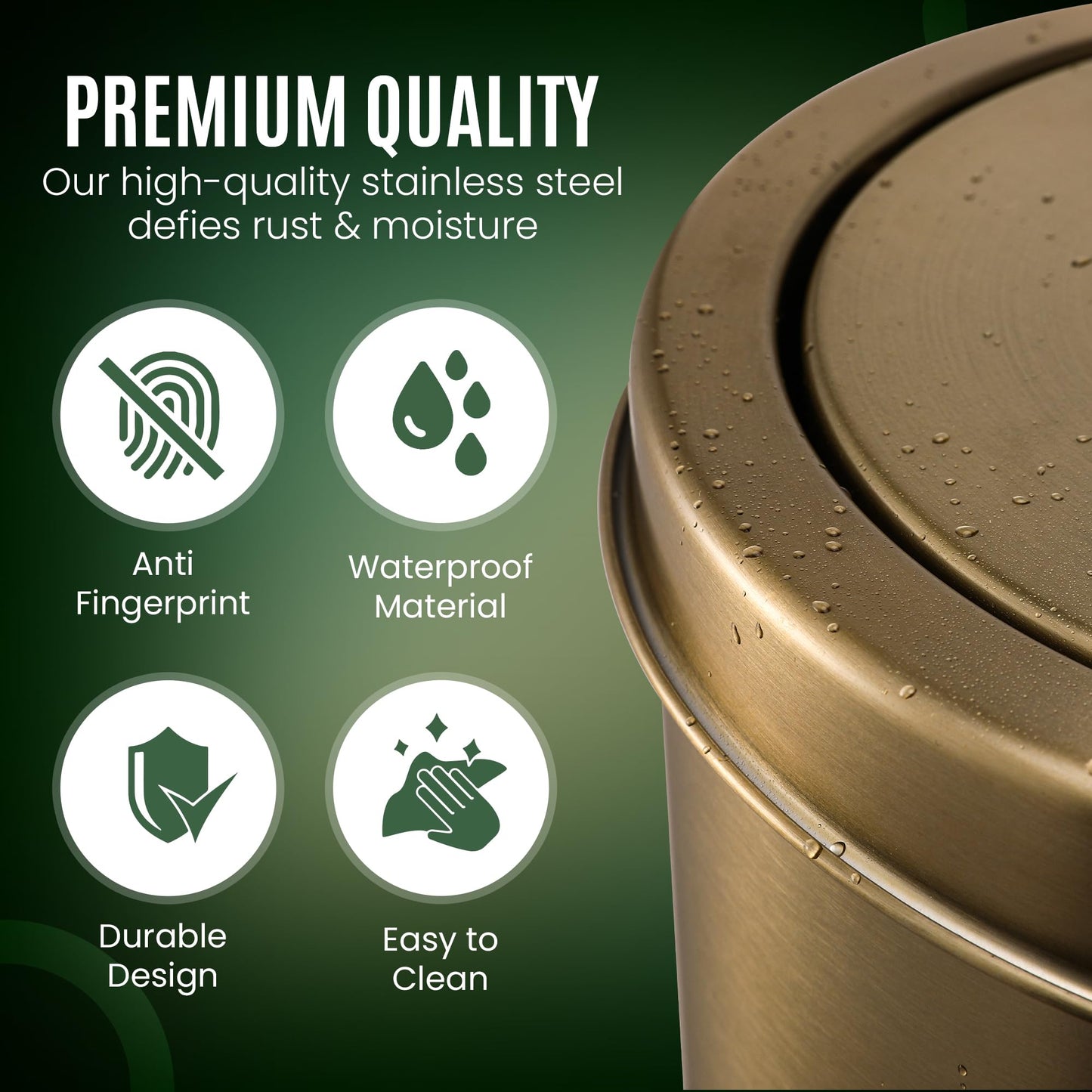 Aruhbck Gold Trash Can | Bathroom Garbage Bin with Lid | 5L Small Metal Wastebasket | Stainless Steel Rubbish Can | Non Slip Base | Simple Human Garbage Can | Office Wastebasket |
