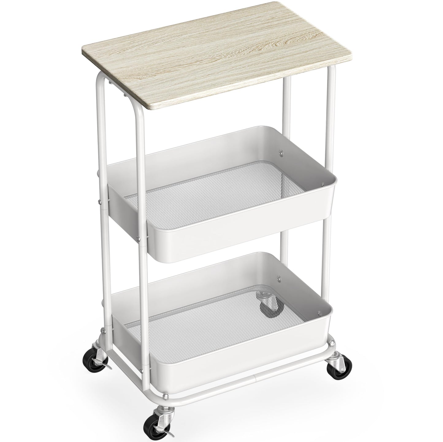 Simple Houseware 2-Tier Rolling Utility Cart with Lockable Wheels and Wood Top, Metal Storage Organizer Trolley for Kitchen, Bathroom, Office, Craft Room, Maple