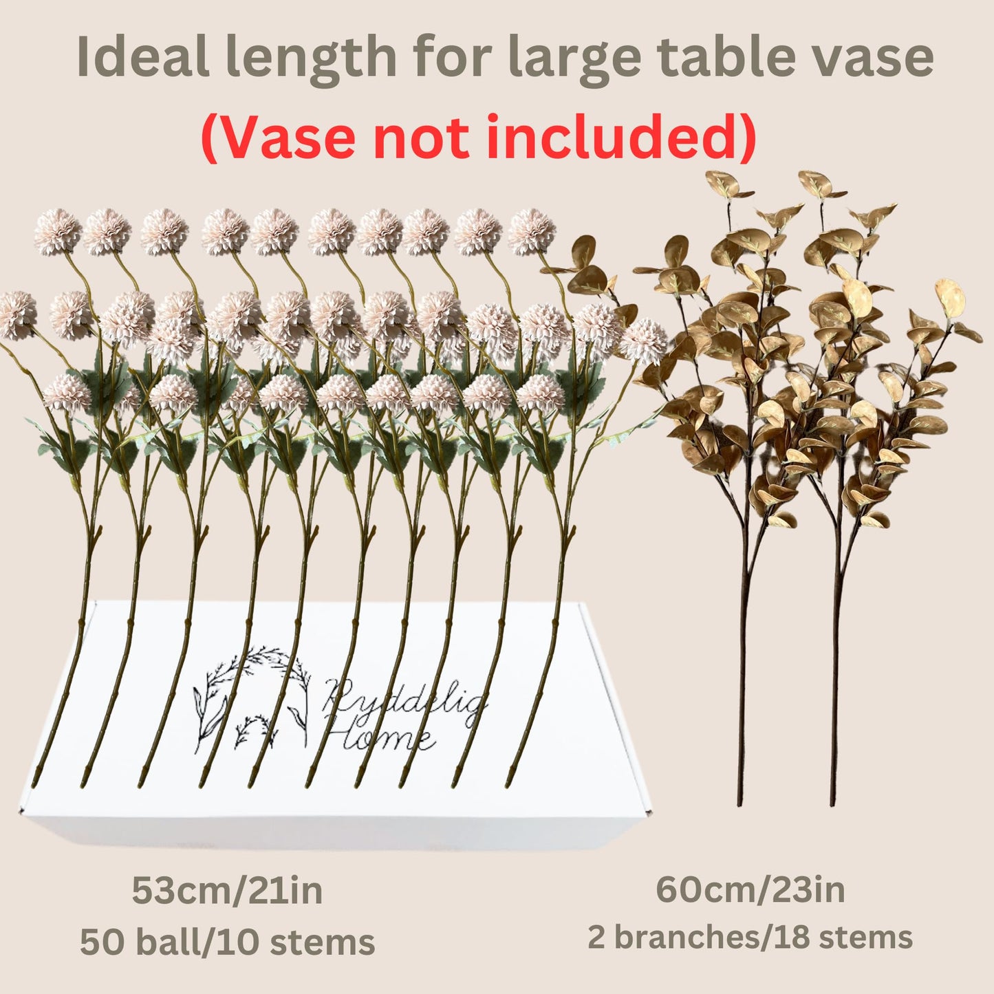 Artificial Flowers for Vase - Beige Silk Mums 10 Long Stems with Eucalyptus, Faux Flowers Home Decor, Neutral Tan Cream Floral Arrangement, Fake Chrysanthemum Pom Pom Stems, Spring Fall Centerpiece