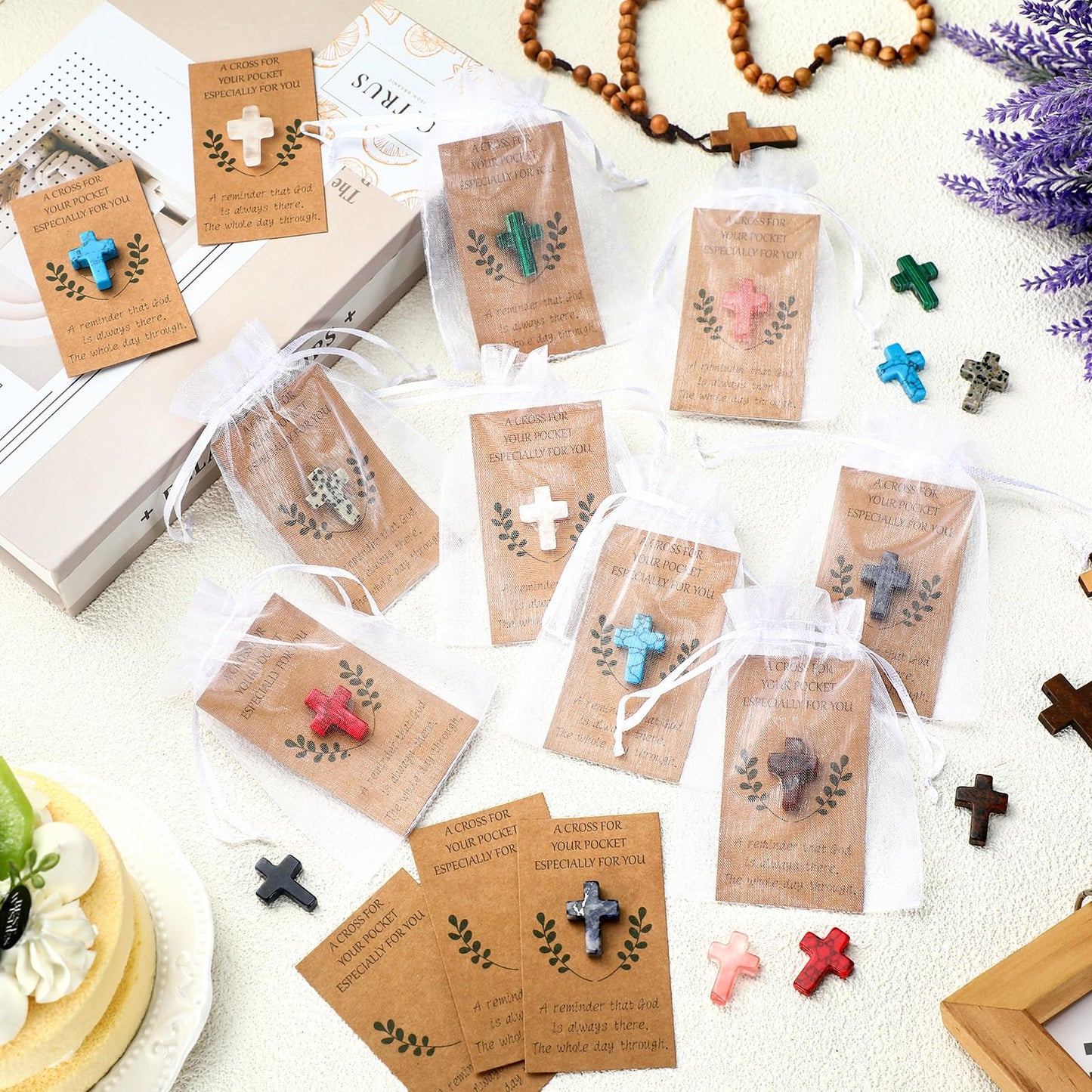 Tioncy 192 Pcs Pocket Hug Token Bulk Greeting Cards with Cross Crystal Stones Religious Keepsake Exchange Bookmarks for Friends Family Distance Social Relationship Gift (Elegant Style,Novelty Color)