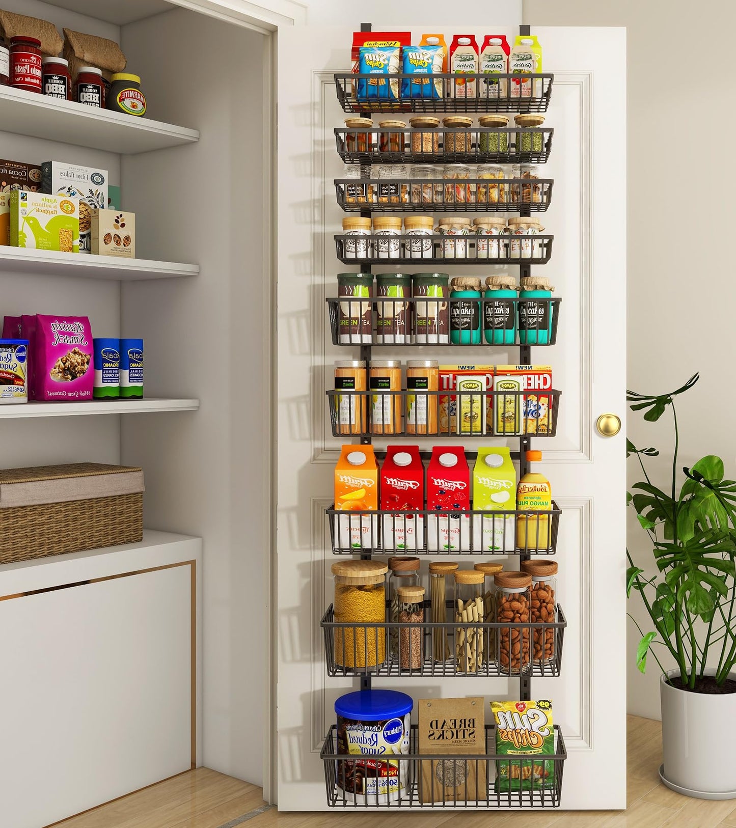 Mefirt 9-Tier Over The Door Pantry Organizer, Pantry Storage and Organization, Black Metal Hanging Spice Rack Seasoning Shelves Door, Wall Mount for Home & Kitchen, Laundry Room Bathroom Organization