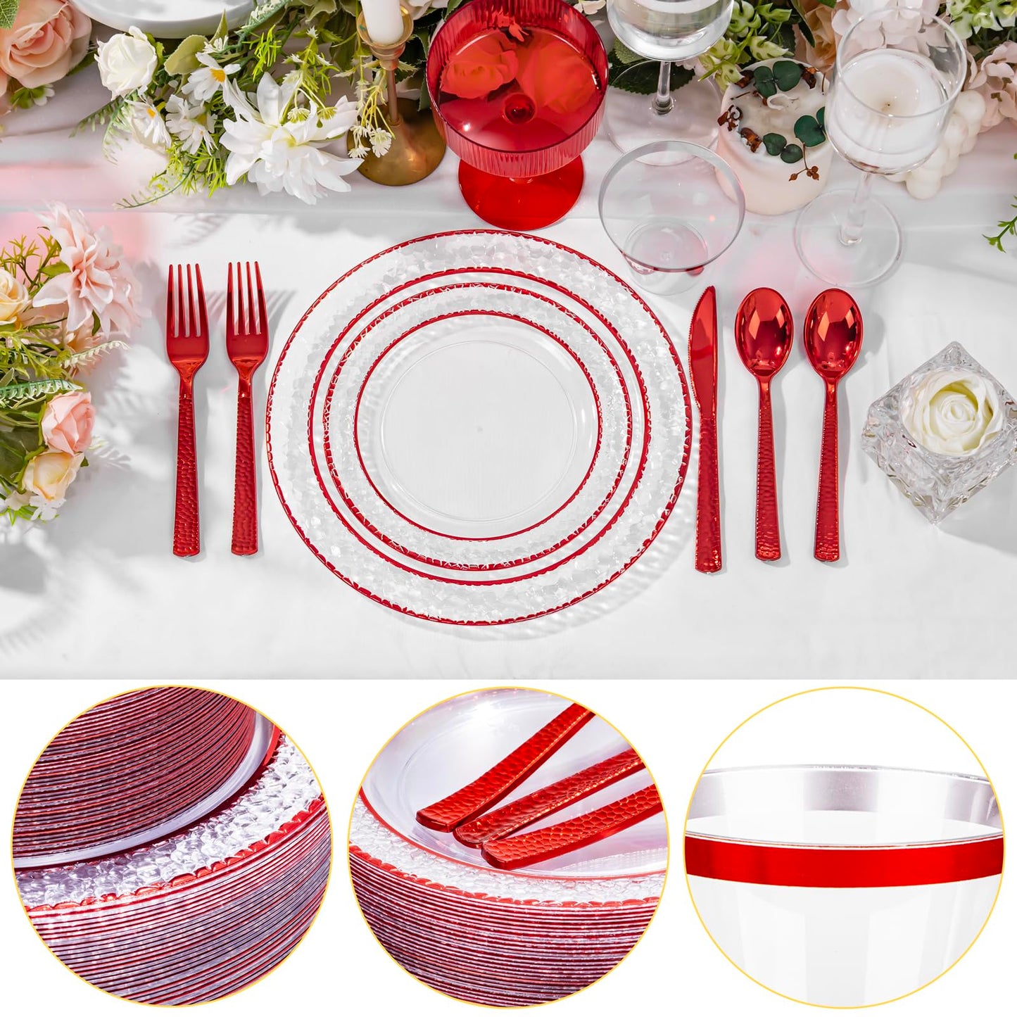 Ciaell 150 PCS Red Plastic Plates – Clear Hammered Disposable Plates with Red Rim include 50Plates, 25Forks, 25Knives, 25Spoons, 25Cups for Wedding & Party & Anniversary