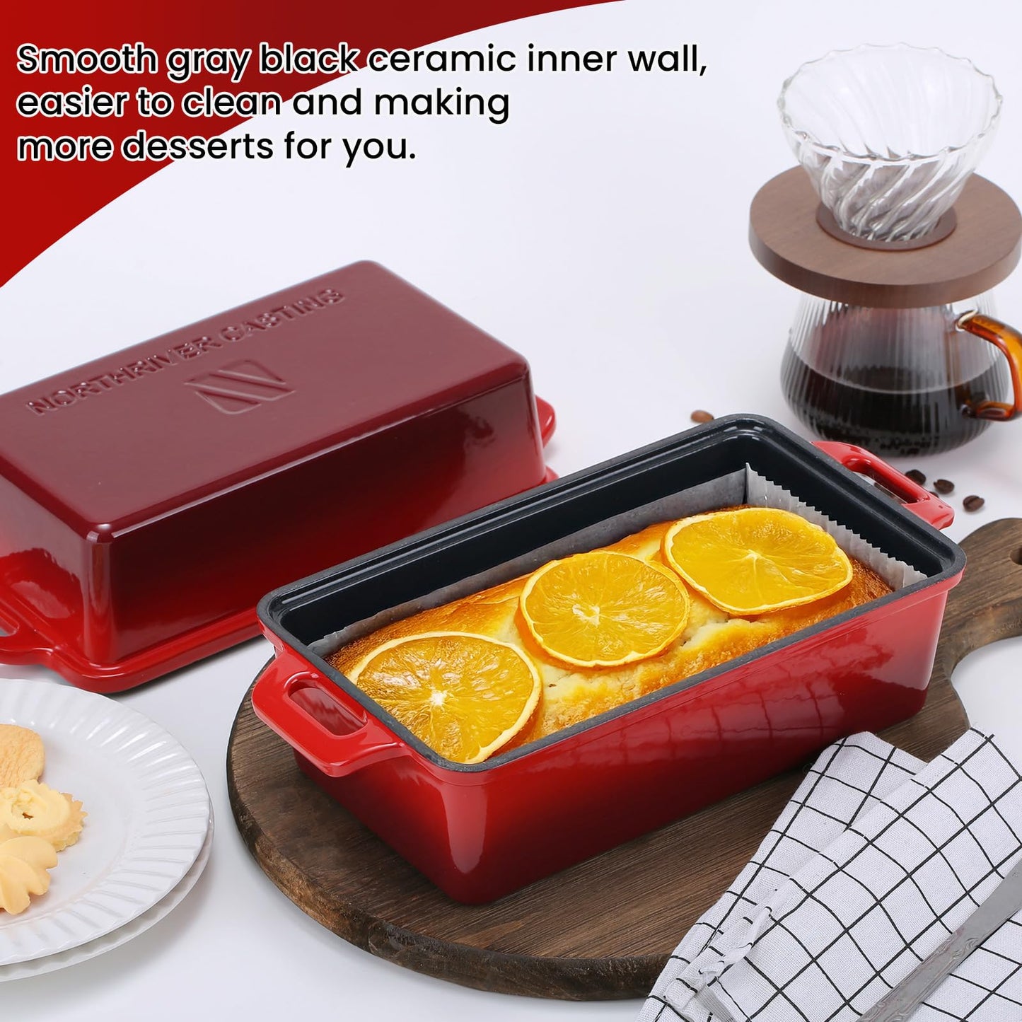 Northriver Casting 9x5 Inch Enameled Cast Iron Loaf Pan with Lid, Perfect Bread Baking Pan | Even Heat Distribution for Homemade Bread, Cake, Meatloaf，2 Piece set，Red