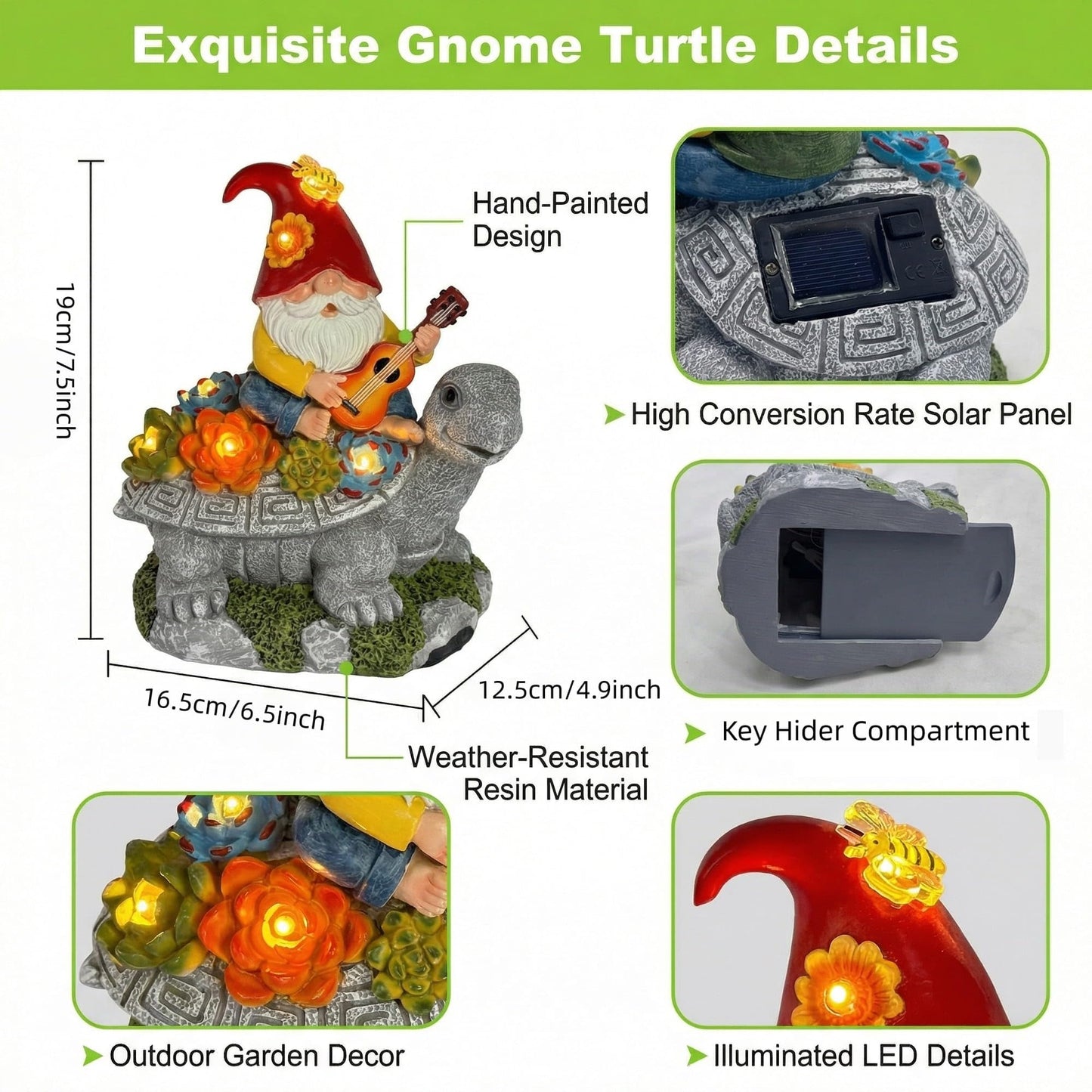 Memeyou Gnome Hide a Key Outside Gnome with Guitar Turtle Garden Decor Outdoor Key Hider Funny Yard Patio Lawn Decorations Solar Figurine Light Ornaments Housewarming for Women Mom Grandma