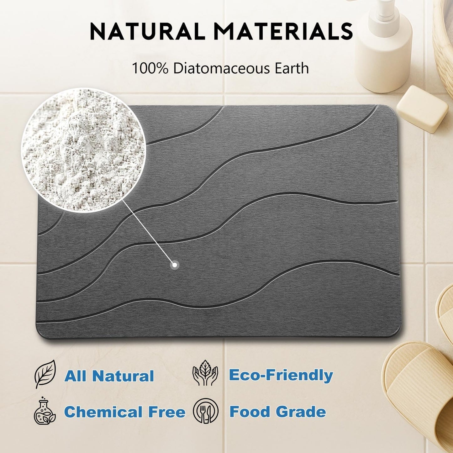 JANERIW Stone Bath Mat, Quick-Dry Diatomaceous Earth Shower Mat, Absorbent Bathroom Mat for Shower/Tub Exit, New Apartment Essential & Housewarming Gift, 23.5" x 15.5" Dark Gray Wave