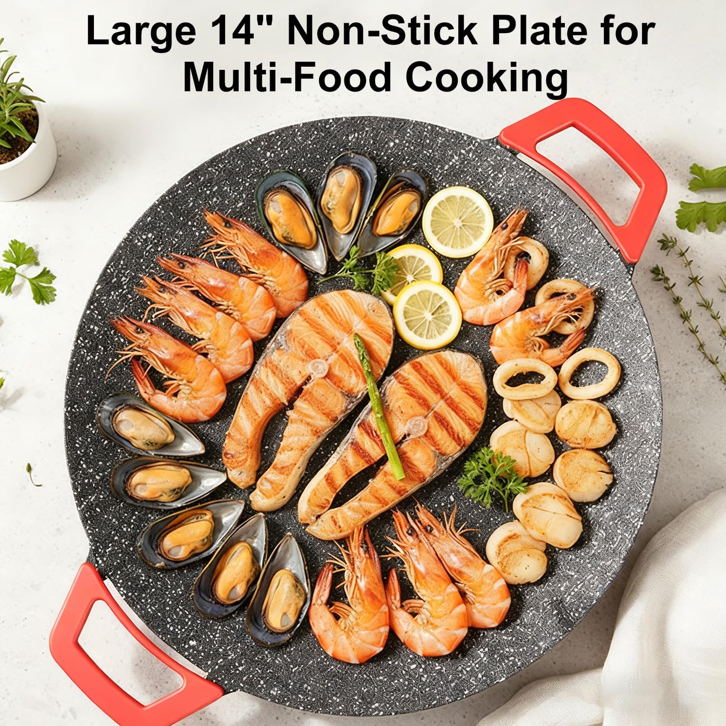 Dzanwo Electric Indoor Grill Nonstick Smokeless, 14 Inch Round Griddle with Temperature Control, Includes Oil Brush & Food Tongs for Kitchen, BBQ, Pan Searing Steak, Pancakes