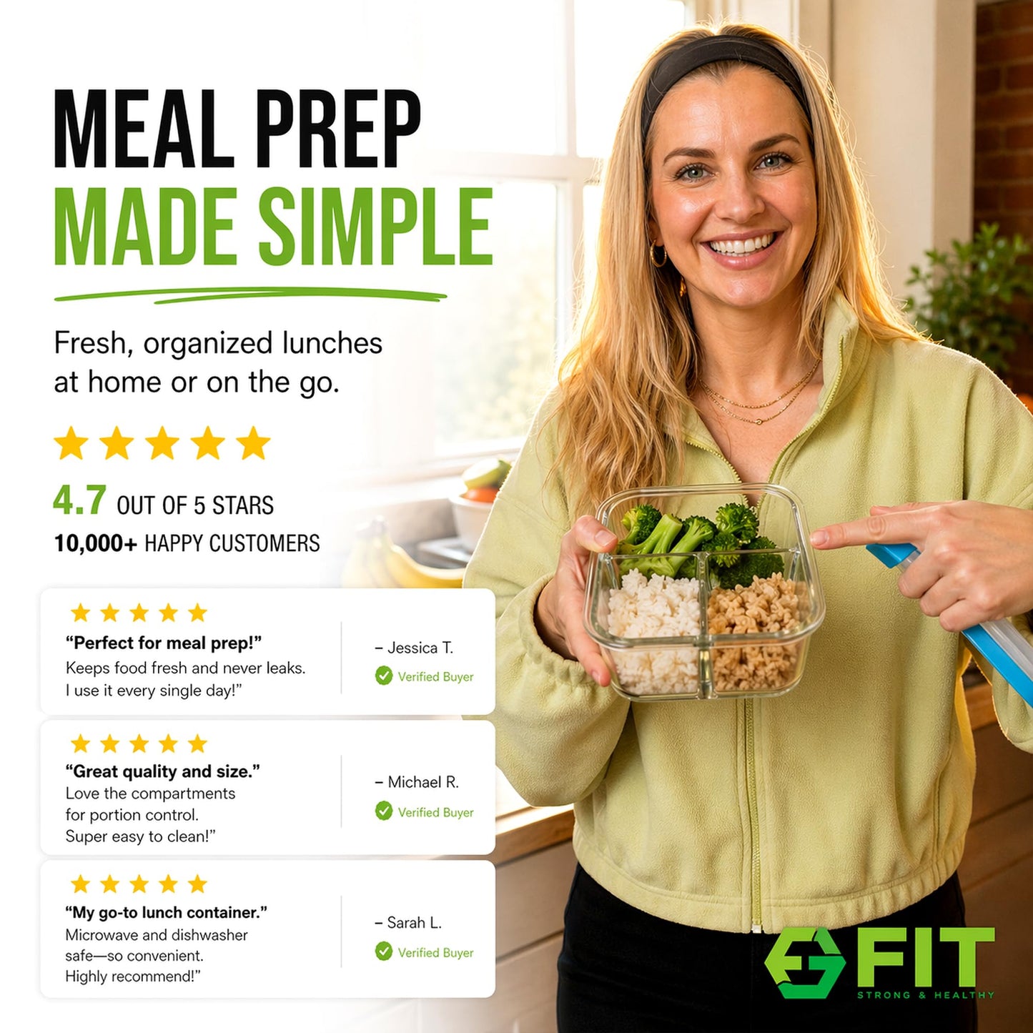 FIT Strong & Healthy Glass Meal Prep Containers, 2 & 3 Compartments - Portion Control, Lunch Container Set, Food Storage, Airtight Lids, Oven & Freezer Safe, Leak-Proof Bento Box, 32 oz, Blue, 4 Pack