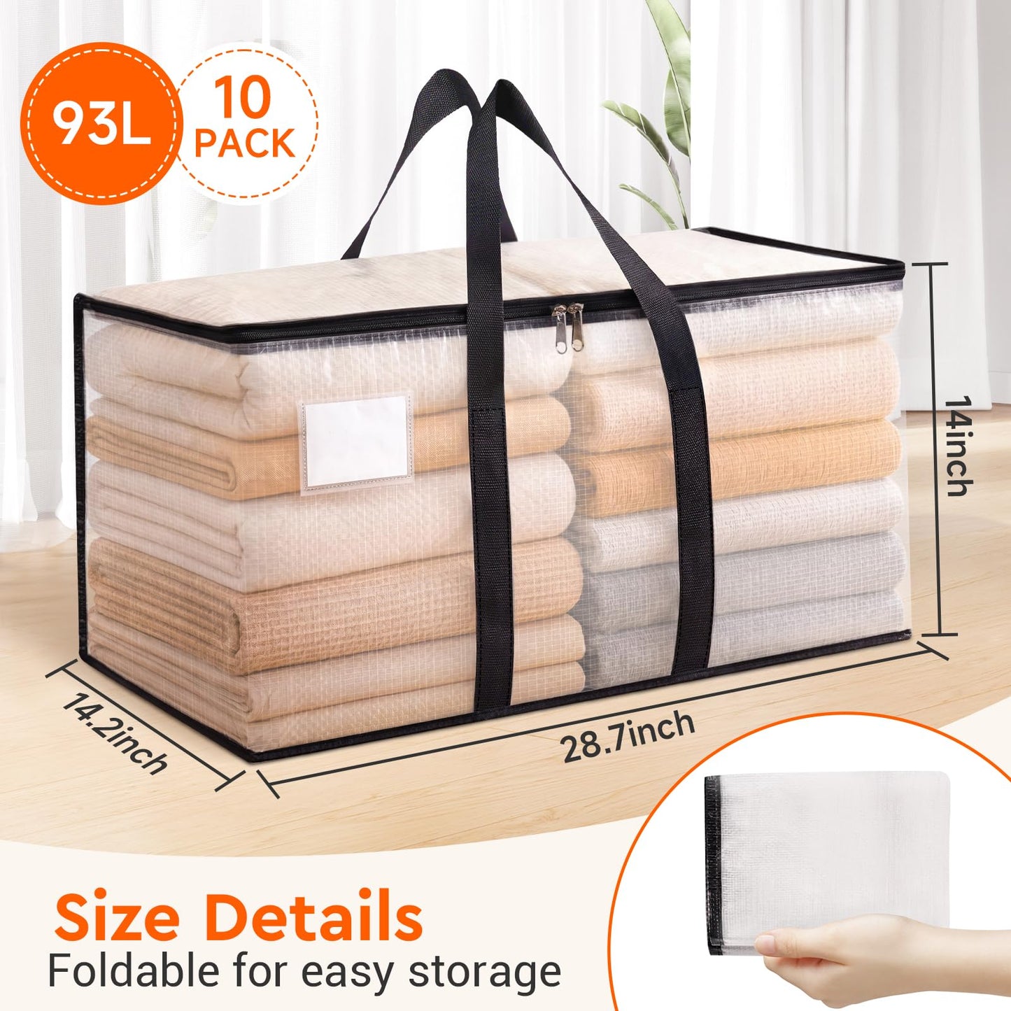 BlissTotes Moving Bags, 10-Pack Storage Bags, Moving Boxes Heavy Duty Extra Large, Moving Totes, Clear moving Bag, Reinforced Handles & Tag Pocket (93L)