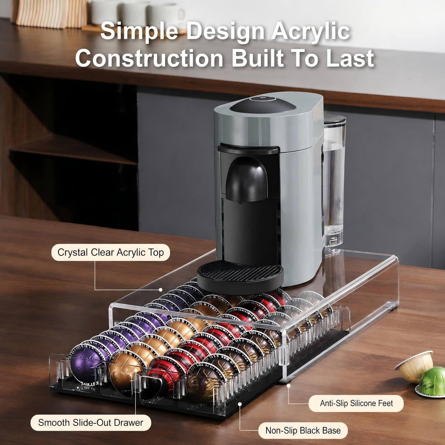 BLACKSMITH FAMILY Coffee Pod Drawer Organizer for Nespresso Vertuo Pods,Acrylic Coffee Pod Holder Holds 40 Large or 60 Small Capsules,Pull-Out Drawer with Anti-Slip Base for Countertop（Matte Black)
