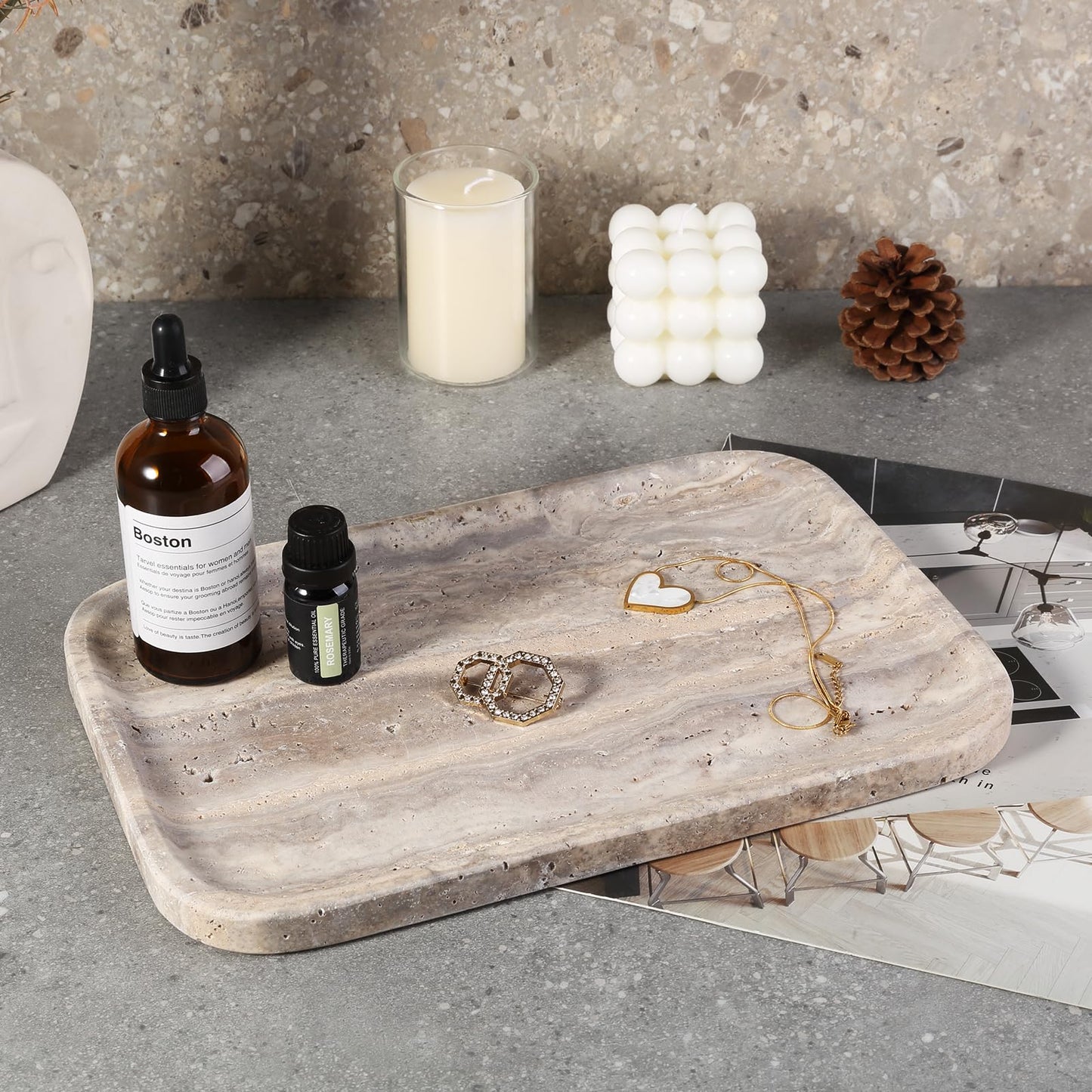 Karibiber Marble Vanity Trays, Travertine Bathroom Tray, Decorative Tray for Dresser Countertop, Grey Stone Serving Holder for Kitchen, Storage Trays for Perfume, Jewelry Candle Organizer