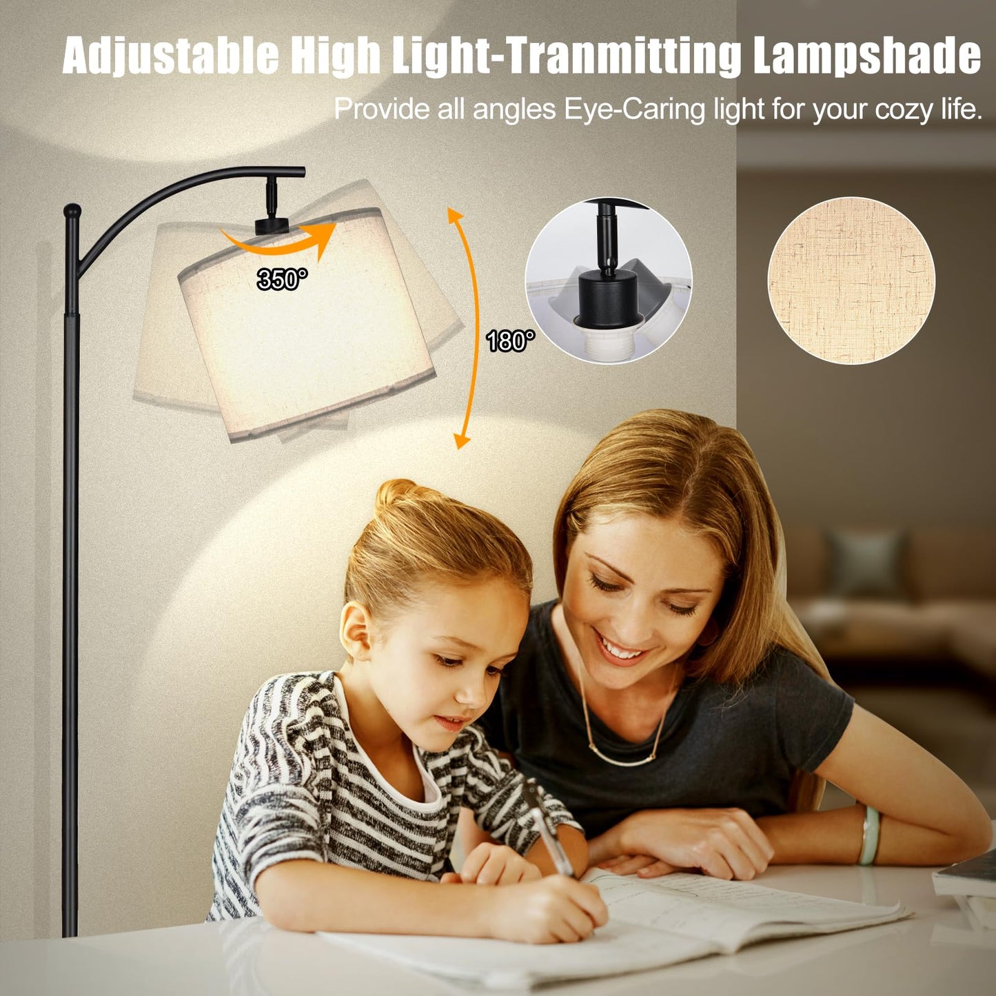 mukuxin LED Floor Lamps for Living Room, 12W 1200LM Modern Arc Floor Lamp with Remote & Adjustable Linen Lampshade, 12 Color Temperature Stepless Dimmable Tall Standing Lamp (Beige)