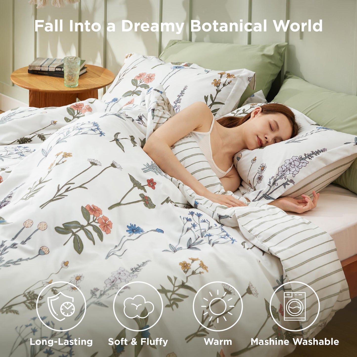 Bedsure Floral Queen Comforter Set – White Comforter, Reversible 3-Piece Bedding Set, Coconut White Botanical Print & Green Striped Pattern, Coquette Aesthetic for Women Girls