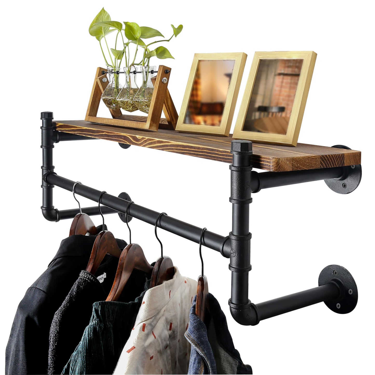 WEBI Wall Mounted Clothes Rack with Shelf,24" Industrial Pipe Clothing Rack with Shelves,Heavy Duty Iron Garment Bar,Retail Display Clothes Rod for Laundry Room,Black