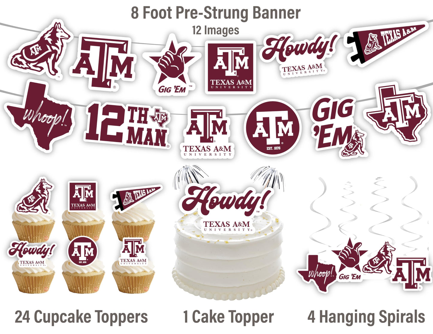 Texas A&M Party Supplies for TAMU Football, Birthday Gift, Graduation Party Banner and Cake Toppers (42 Pieces)(Texas A&M Aggies)