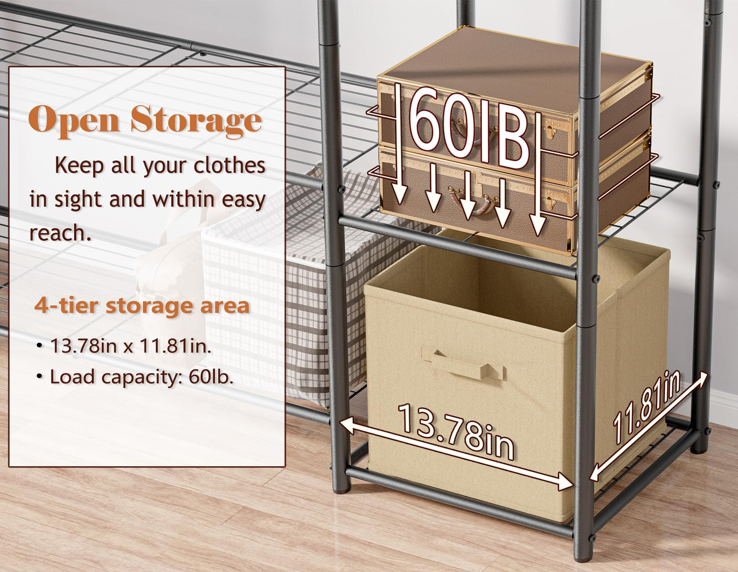 Wardrobe Closet,Portable Clothes Rack with 4 Tiers Shelves,Freestanding Closet Organizers and Storage System with Hanging Rods,Steel Clothing Rack Suitable for Cloakrooms,Bedrooms,Entrances,etc.Black