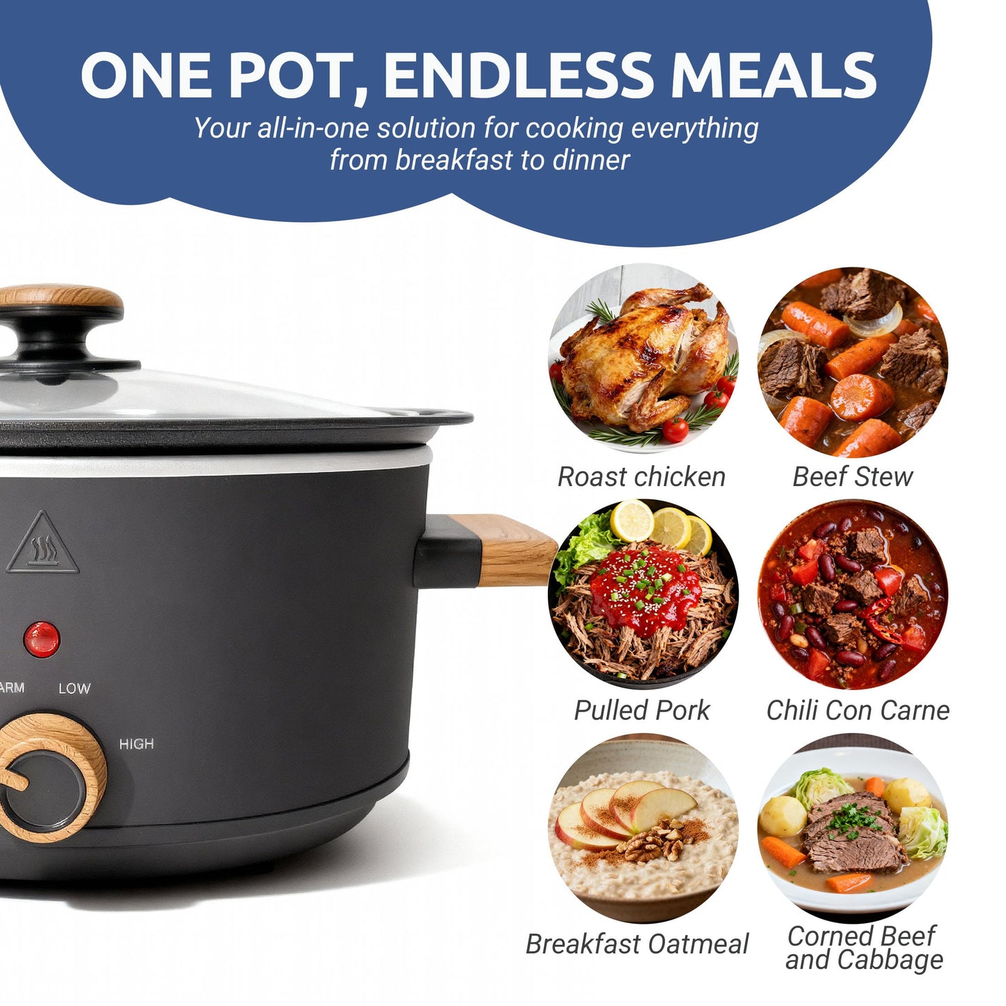 LoftyChef 3 Quart Slow Cooker with Aluminum Inner Pot, 3 Temperature Settings, Dishwasher-Safe Removable Pot & Glass Lid, Wood-Grain Handle Design, Compact Electric Cooker for Home Meals, Black