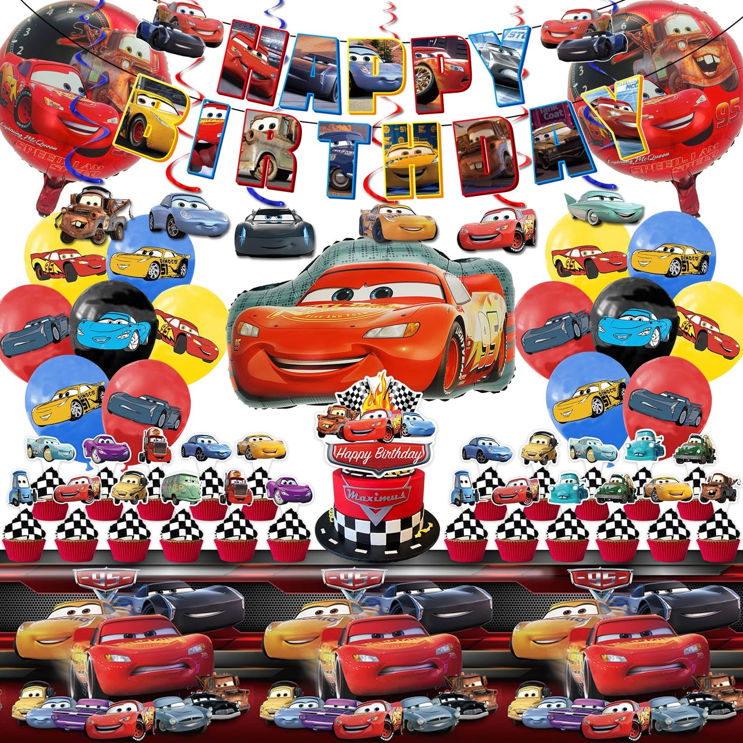 Cars Birthday Party Supplies, Party Decorations Set Include Banner, Balloons, Hanging Swirls, Cake Cupcake Toppers, Tablecloth for Boys Girls Cars Theme Party