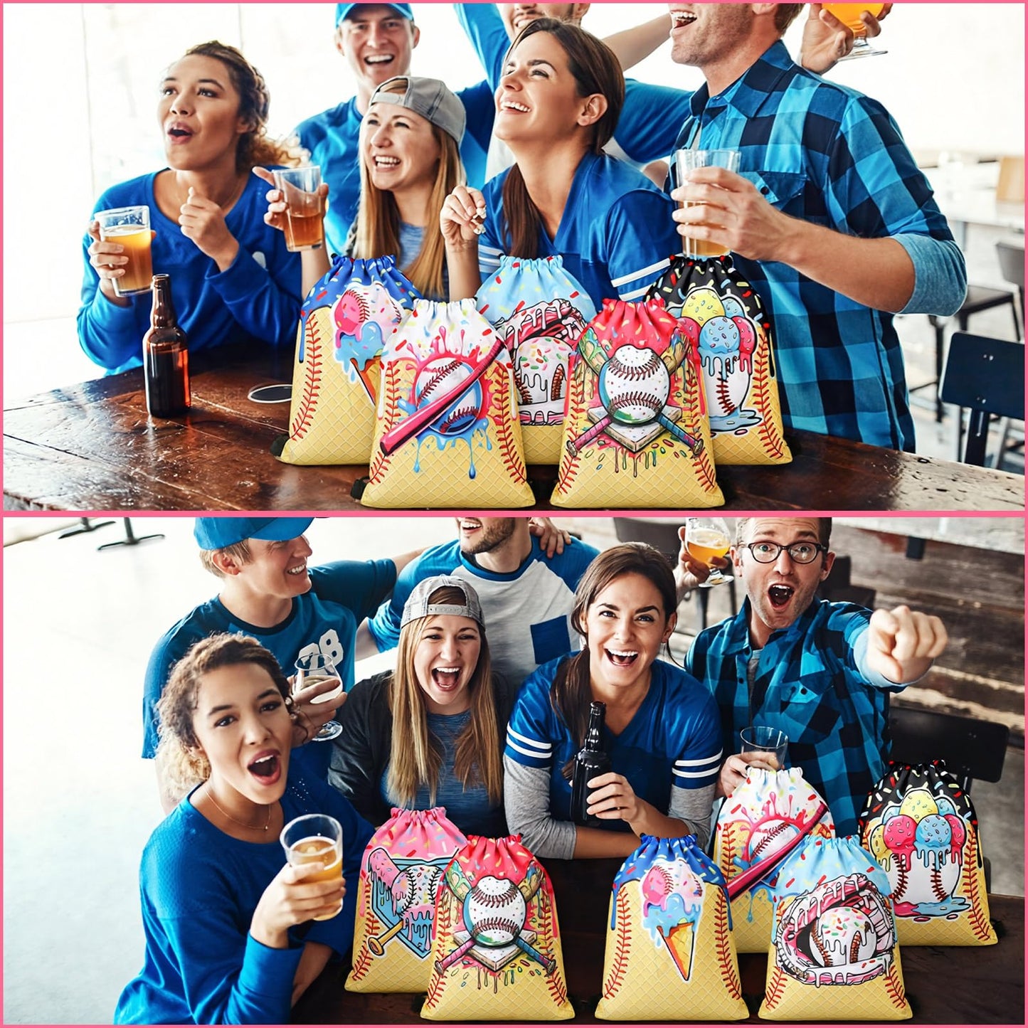 Sunnymove 36 Pcs Ice Cream Drip Baseball Party Favors 7.5'' x 10'' Baseball Drawstring Bag with Handle Ice Cream Drip Bags Bulk Sport Themed Gift Wraps Party Supply for Team Birthday Treat Candy Snack