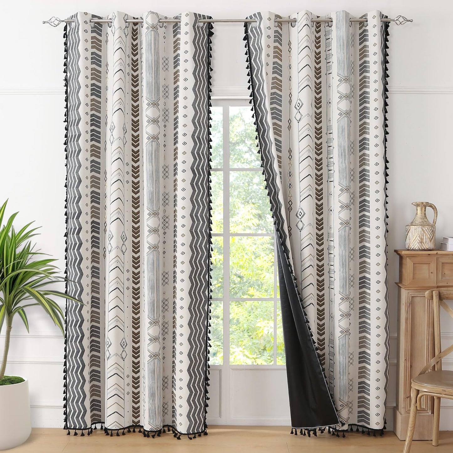 Colorbirtd 100% Blackout Boho Curtains Heat Sun Blocking for Bedroom Living Room 84 Inches Thermal Curtains for Summer Heat Sun Blocking Black and White Western Southwest Black Out Drapes Sliding Door