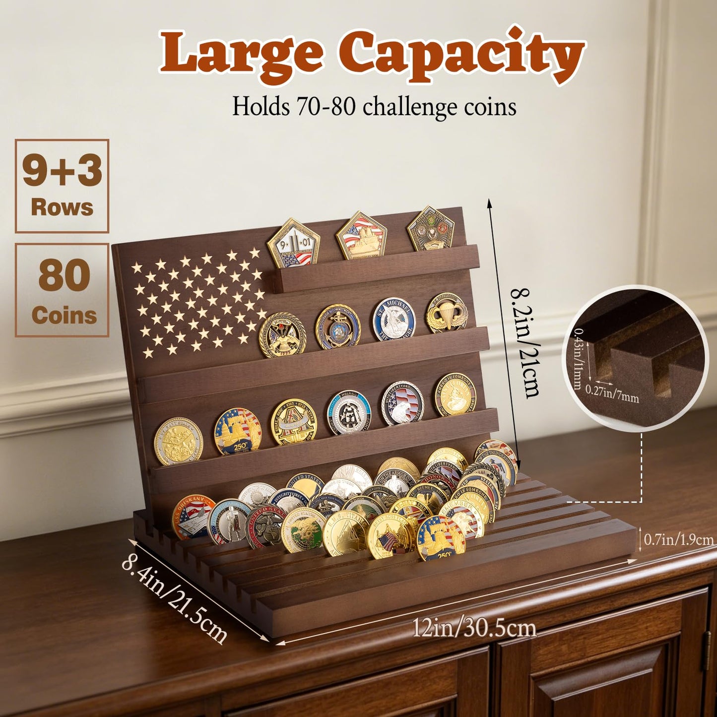 Challenge Coin Display, Slotted Stands Military Coin Holder Display Rack Solid Wood for Army Coin Collection Desk Tabletop Decorative Stands, Large Capacity of 80 Coins 8 Raw (Walnut)