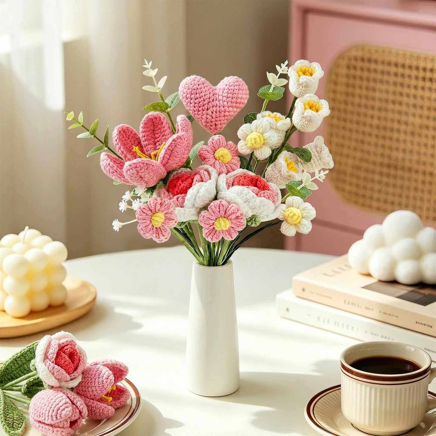 TORONTOKYO Crochet Flower Bouquet 2026, Pink Handmade Knitted Flowers, Artificial Graduation Flowers with Gift Bag Card, Crochet Flowers Graduation for Friend, Birthday, Anniversary, Mothers Day