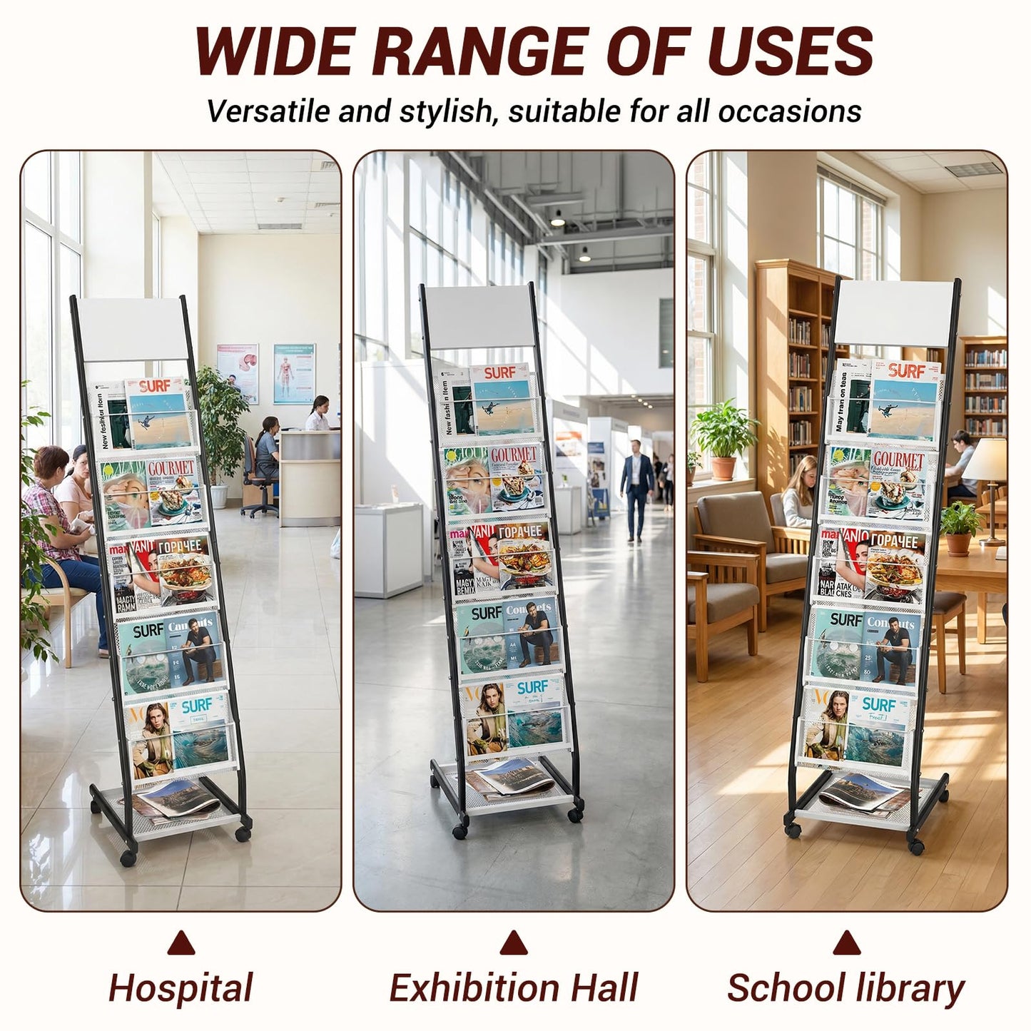XIDIHF Floor Standing Magazine Holder with 5 Pockets, Journals, Brochure & Literature Display Holder for Trade Shows, Exhibitions, Office, and Shopping Malls, Black