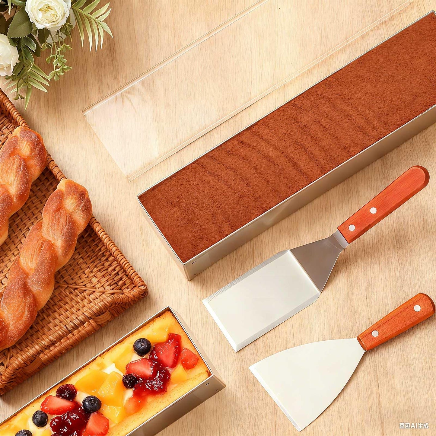 Blushtier 2 Pack Nonstick Rectangle Tiramisu Cake Pan with Acrylic Lid and 2 Metal Spatula Removable Frame 304 Stainless Steel Cake Baking Molds for Tiramisu Cheesecake Mousse