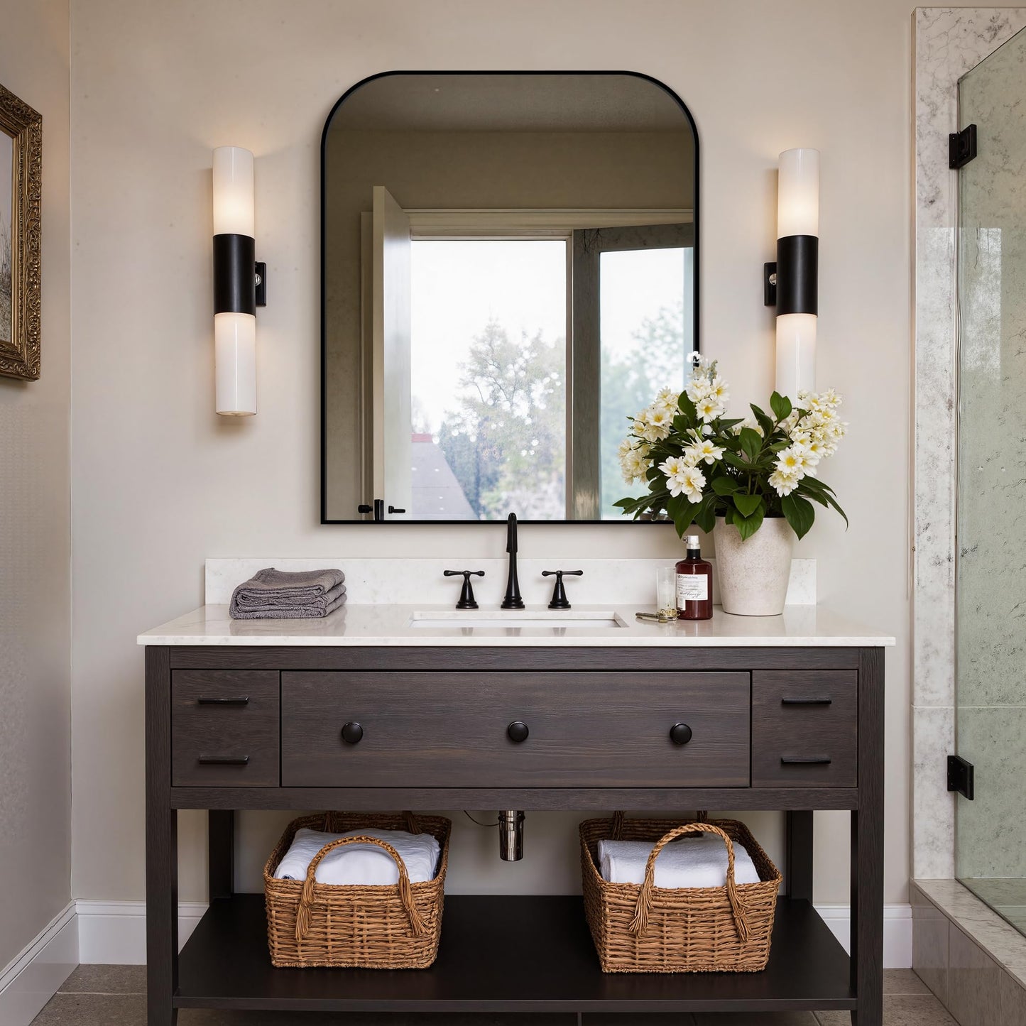 Delma Bathroom Vanity Mirror,36" x 30" Black Metal Framed Wall Mirror for Over Sink, Living Room, Bedroom,Entryway Decor