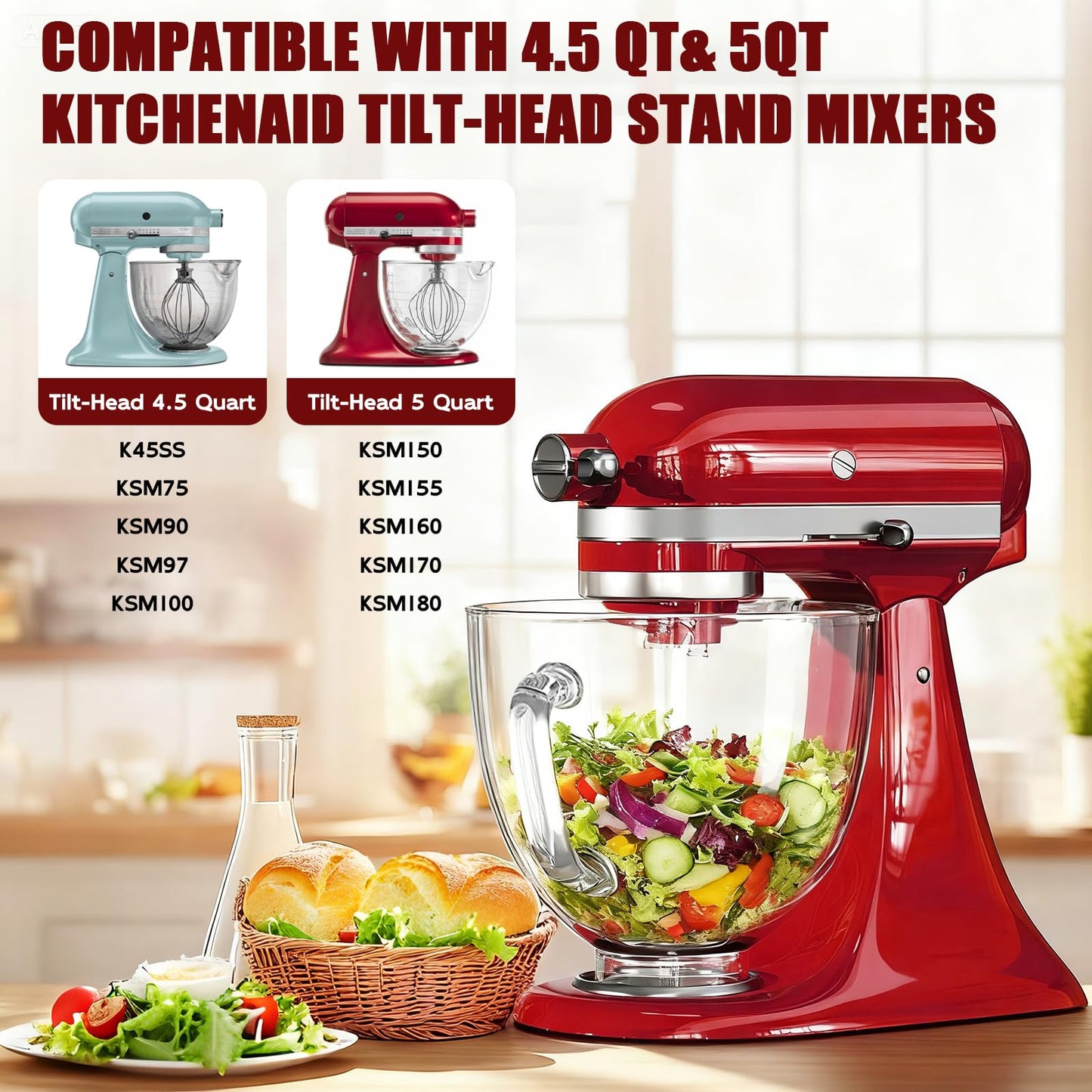 Double-layer Thickened Glass Mixer Bowl For Kitchenaid Tilt-Head Stand Mixers 4.5-5 Quart, 5Qt Mixing Bowl Replacement For Kitchenaid with Measurement Markings & Handle