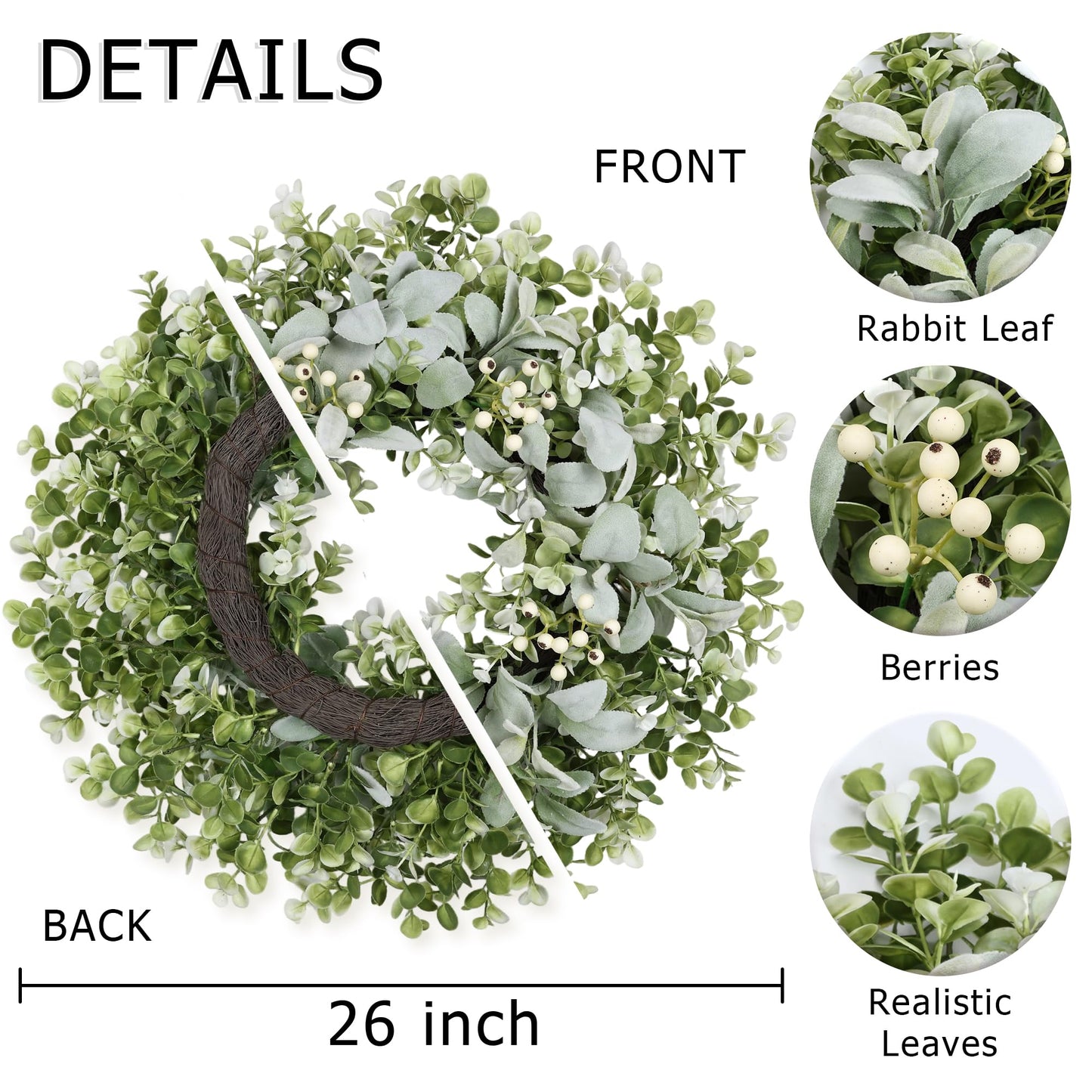 26 Inch Large Lambs Ear Wreaths for Front Door Spring Summer Lambs Leaves with White Berries, Artificial Greenery for Farmhouse Porch Wall Living Room Home Widding Decor for All Seasons Wreaths