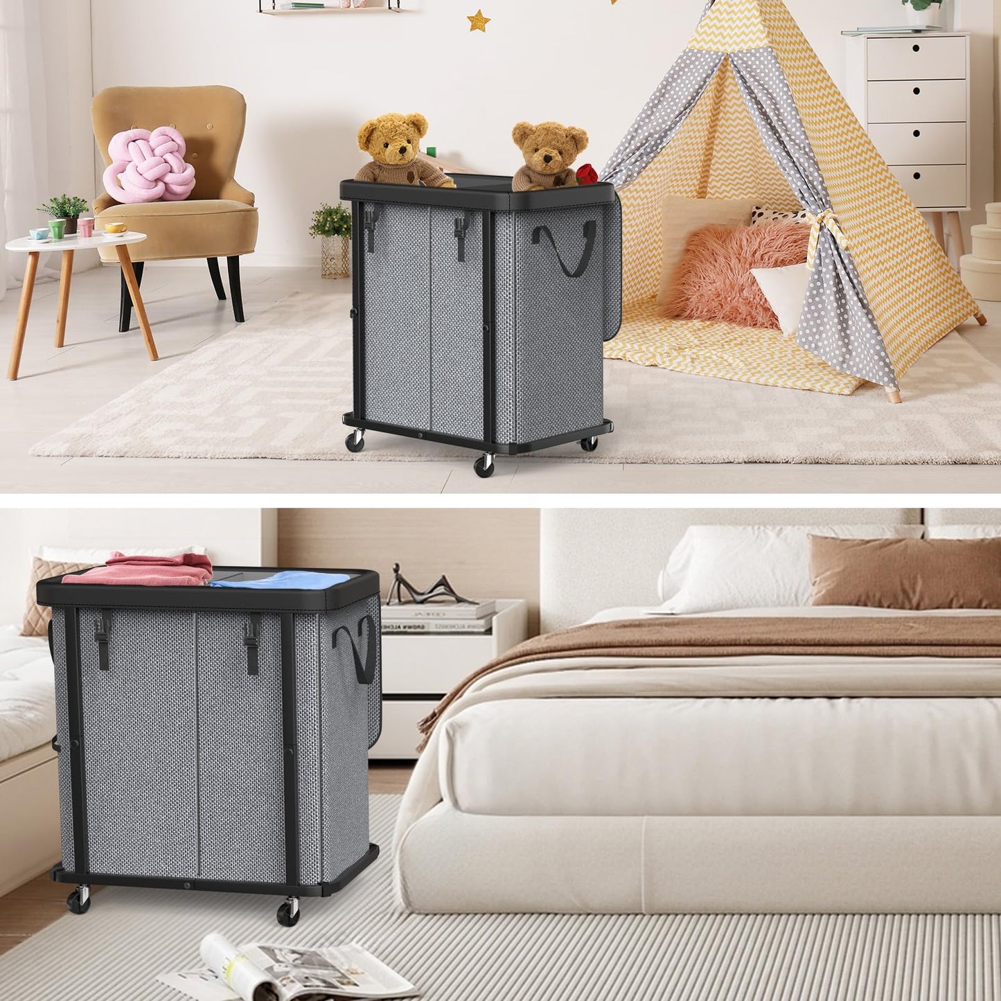 190L (50 Gal) Large Fashion Laundry Basket with Wheels, Leather Patchwork Rolling Hamper Carts, Sturdy Metal Frame, Removable Washable Bag, Tall Clothes Sorter for Bedroom - 2 Setion Gray