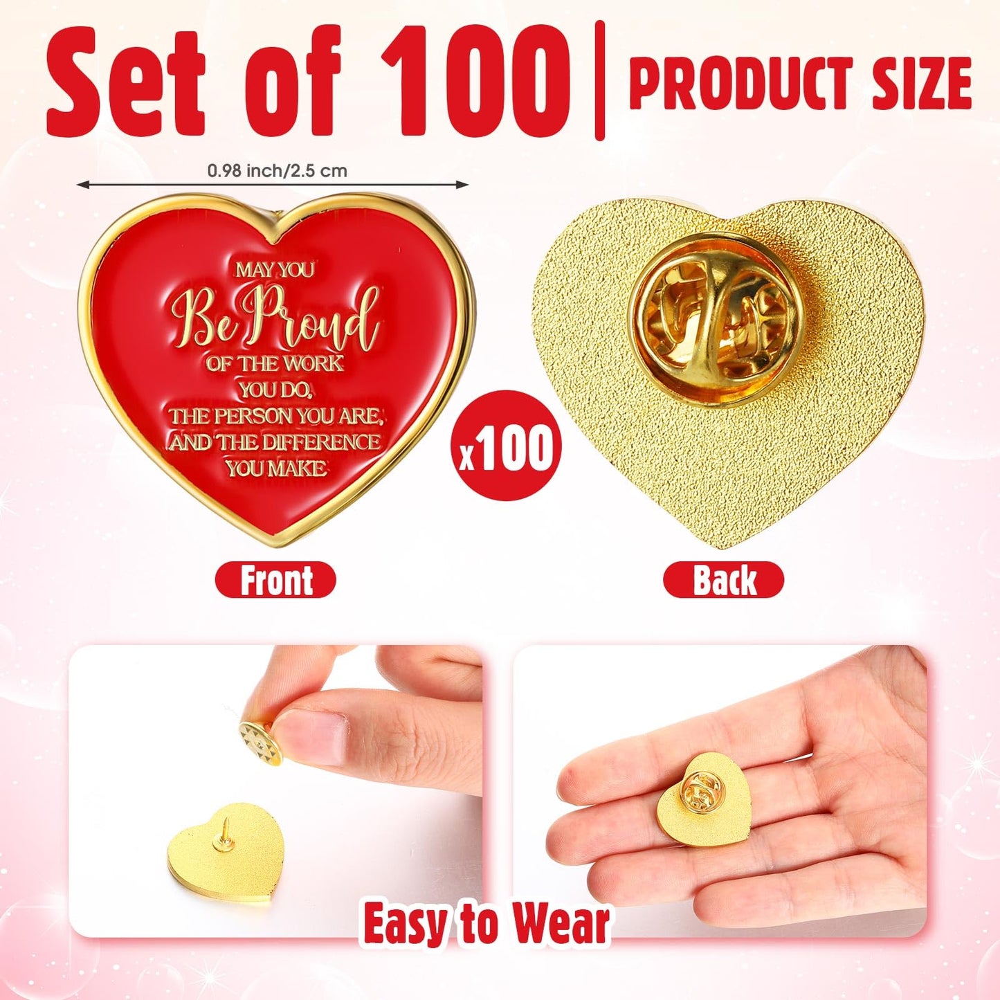 Tondiamo 100 Pcs Employee of The Month Lapel Pins Recognition Heart Pin Bulk Teacher Nurse Appreciation Award Gifts Performance Reward Gift for Staff Coworker Volunteer Team Retirement Valentine's Day