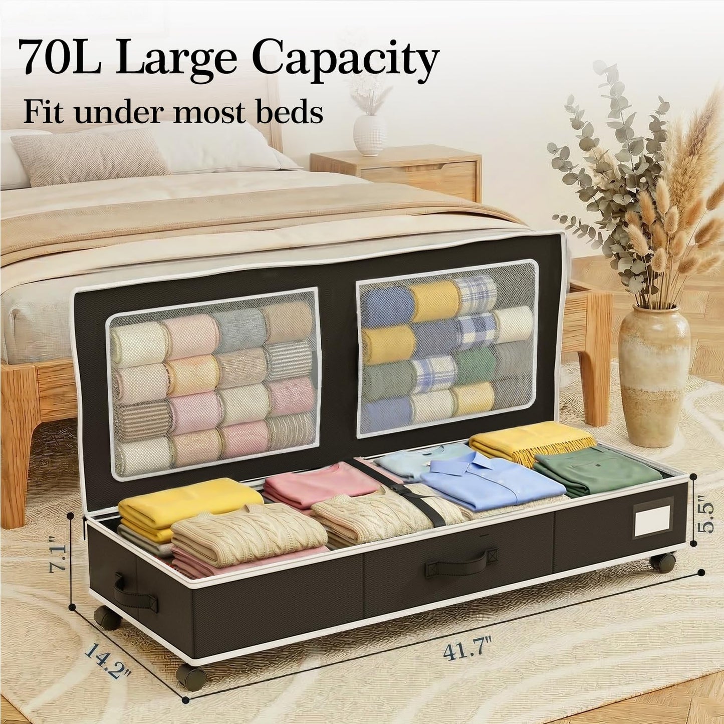 GoMaihe Under Bed Storage with Wheels: 70L Rolling Bins for Wrapping Paper Storage, Toys, Clothes - Includes Mesh Bag & Adjustable Dividers, Metal Frame Easy Pull-out Black 1-Pack