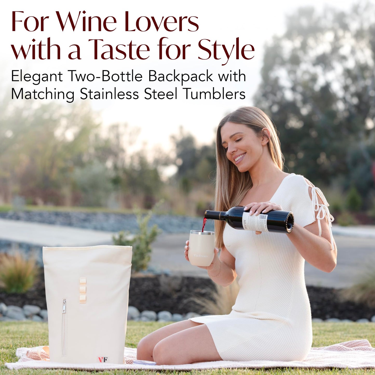 VIN FRESCO Two Bottle Rolltop Wine Tote Bag – Stylish PU Leather Backpack with Matching Tumblers – Wine Carrier with Padded Straps and Compartments for Travels & Picnics (Beige)