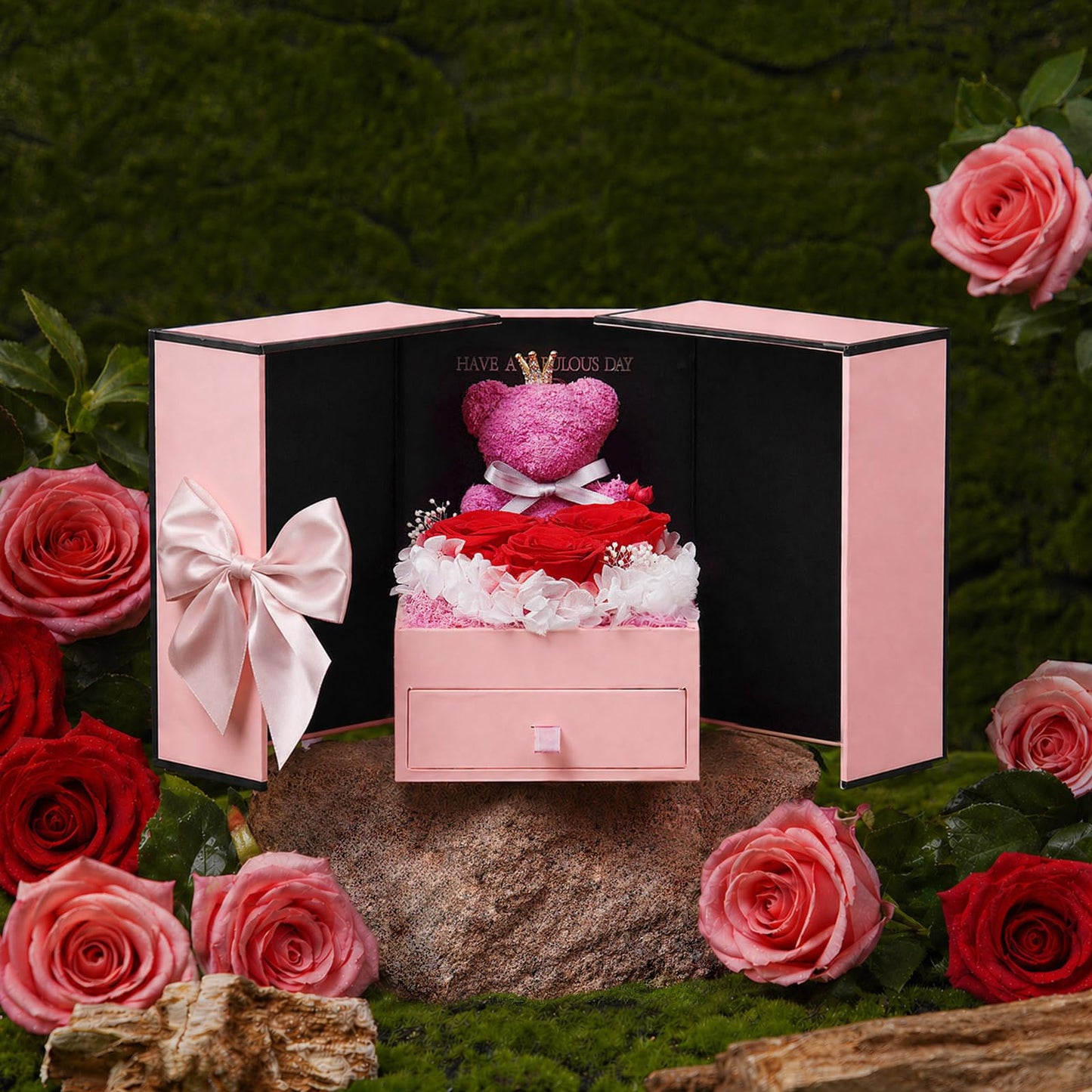 ADDWel Gifts for Mom Birthday - Real Preserved Rose Gift with 925 Sterling Silver Mom Necklace and Cute Teddy Bear, Timeless Elegant Gift from Husband Son or Daughter, Unique Moms
