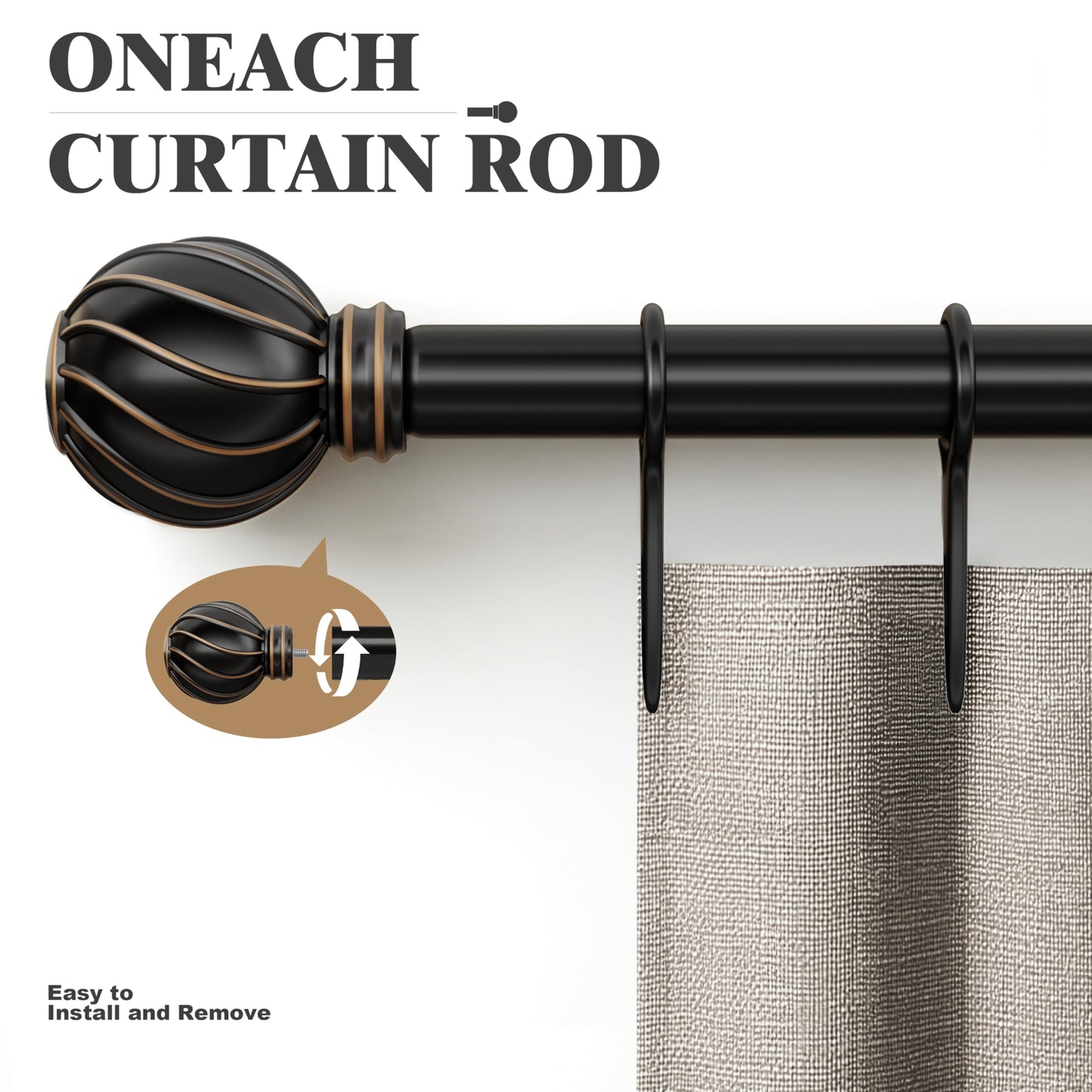 Oneach Black Curtain Rods for Windows 72 to 144 Inch, 7/8" Adjustable Heavy Duty Decorative Drapery Rods with Round Netted Texture Finials (Pack of 1, 36 to 150 Inch)