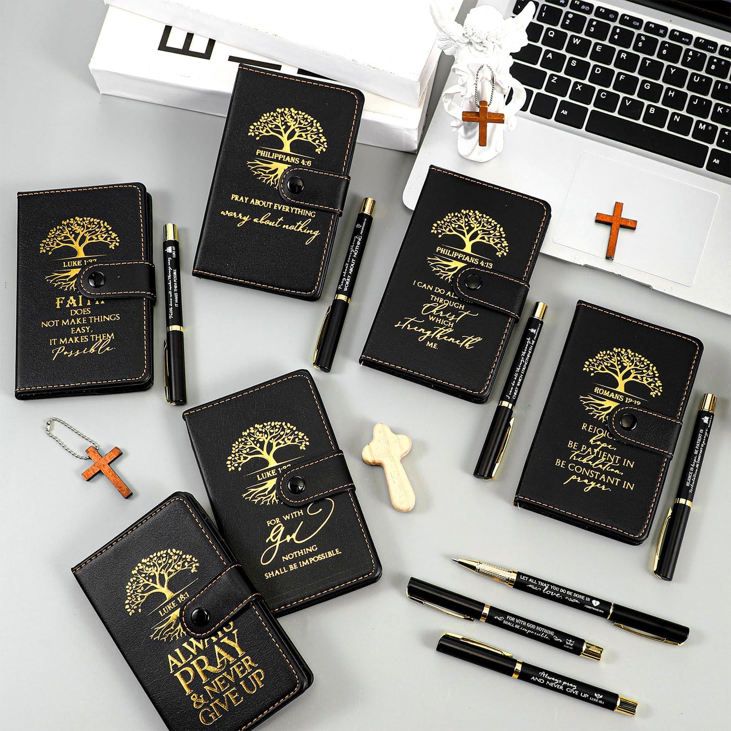 Spakon 20 Sets Fathers Day Christian Gifts Bulk for Church Men Women Religious Leather Notebook Prayer Journal with Pen Bible Study Group Scripture Teacher Dad Husband (English Tree of Life,Black)