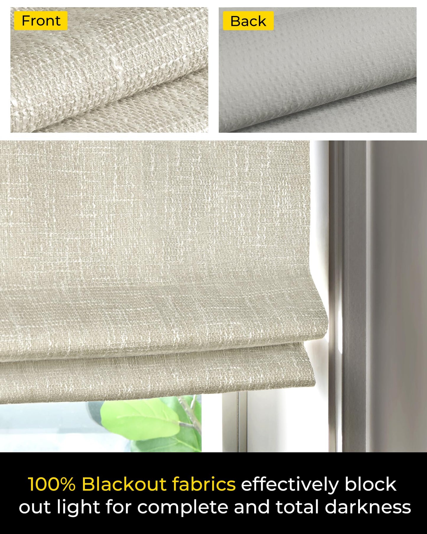 No Tools No Drill Cordless Roman Shades for Indoor Windows 100% Blackout, for Window Size 34" W × 64" H Beige