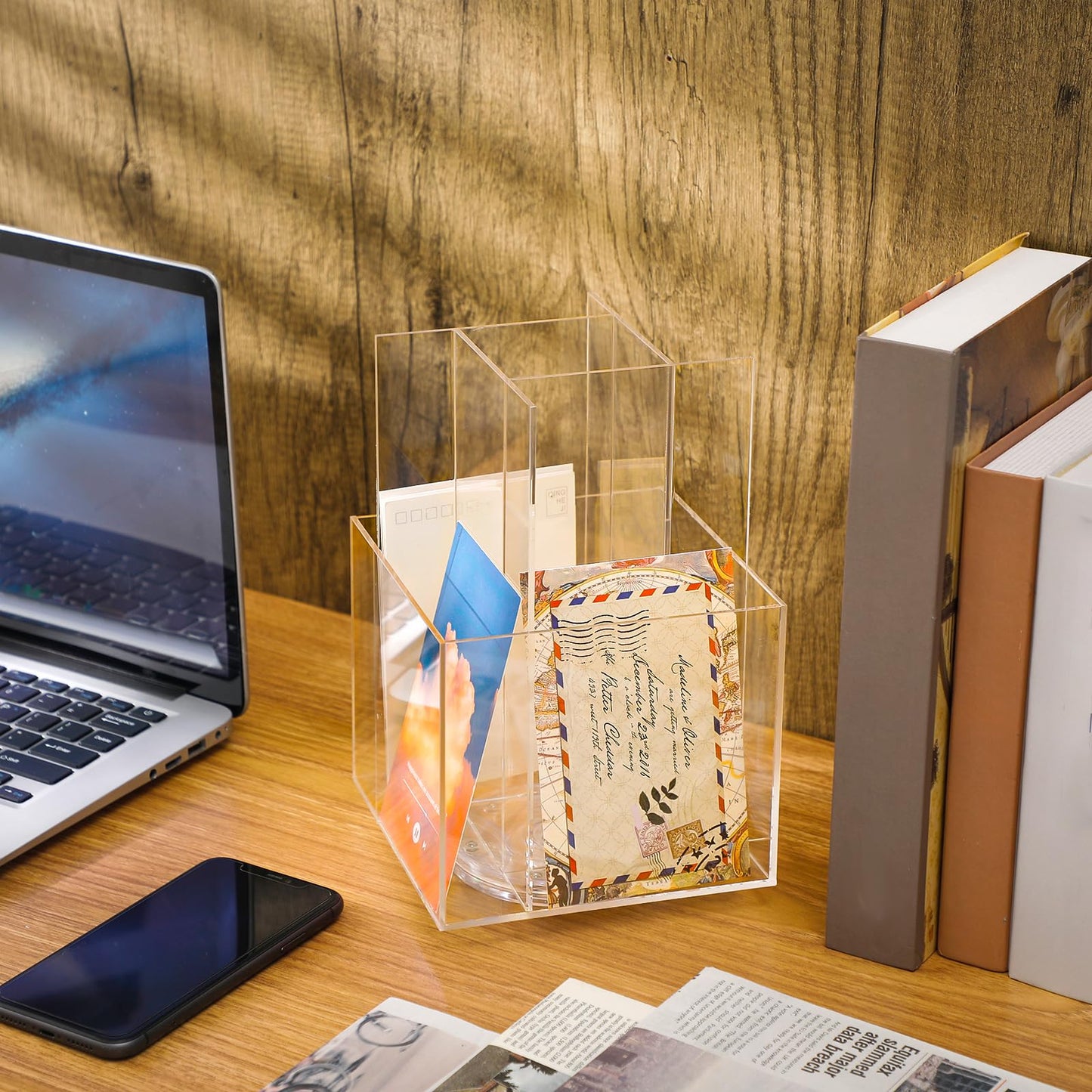 Suzile 2 Pcs Clear Acrylic Rotating Brochure Holder for 4 Pocket Spinning Pamphlet Holder 360° Sticker Display Stand Organizer for Magazine Flyer Gift Card Countertop Tabletop Office, 6x 6 x 9 Inch