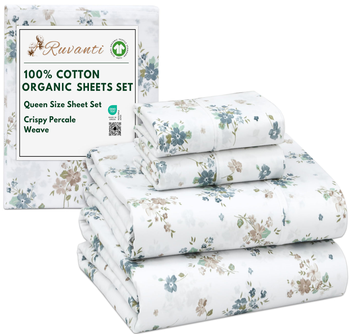 RUVANTI 100% Cotton Organic Percale Sheets Queen Size – Crisp Cooling Bed Sheets for Hot Sleepers, Deep Pocket 15”, Soft Peach Finish, Breathable & Durable Hotel-Style 4 Pcs, Halcyon