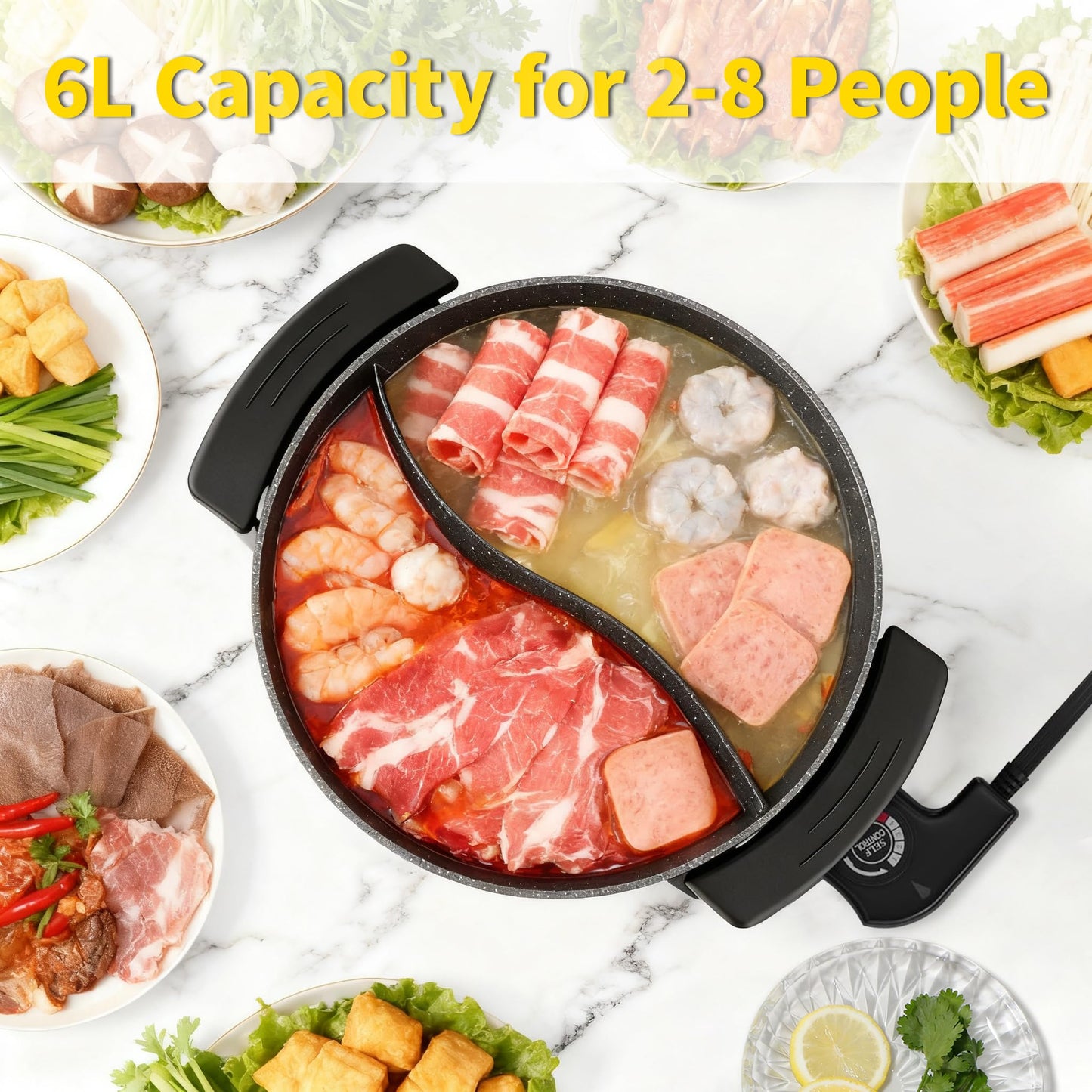 Food Party Electric Hot Pot 6L with Divider Hotpot Pot Electric Shabu Shabu Pot 110V 1200W PFOA FREE Non-Stick Chinese Hot Pot 5-Level Temperature Control