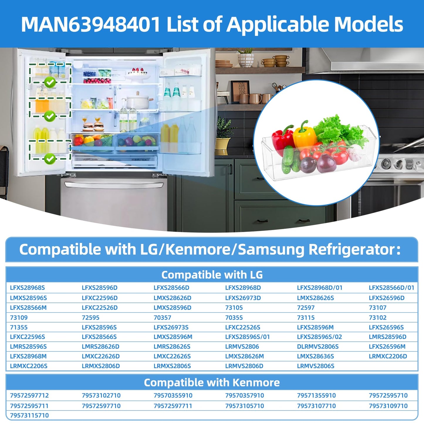 MAN63948401 Refrigerator Door Shelf Bin Compatible with Kenmore LG LFXS26973S LFXC22526D LMXS28626S LMXS28626D LFXC22526S Left Door Bin Basket Shelf Tray, MAN63948404 Fridge Bin Replaces MAN63948402