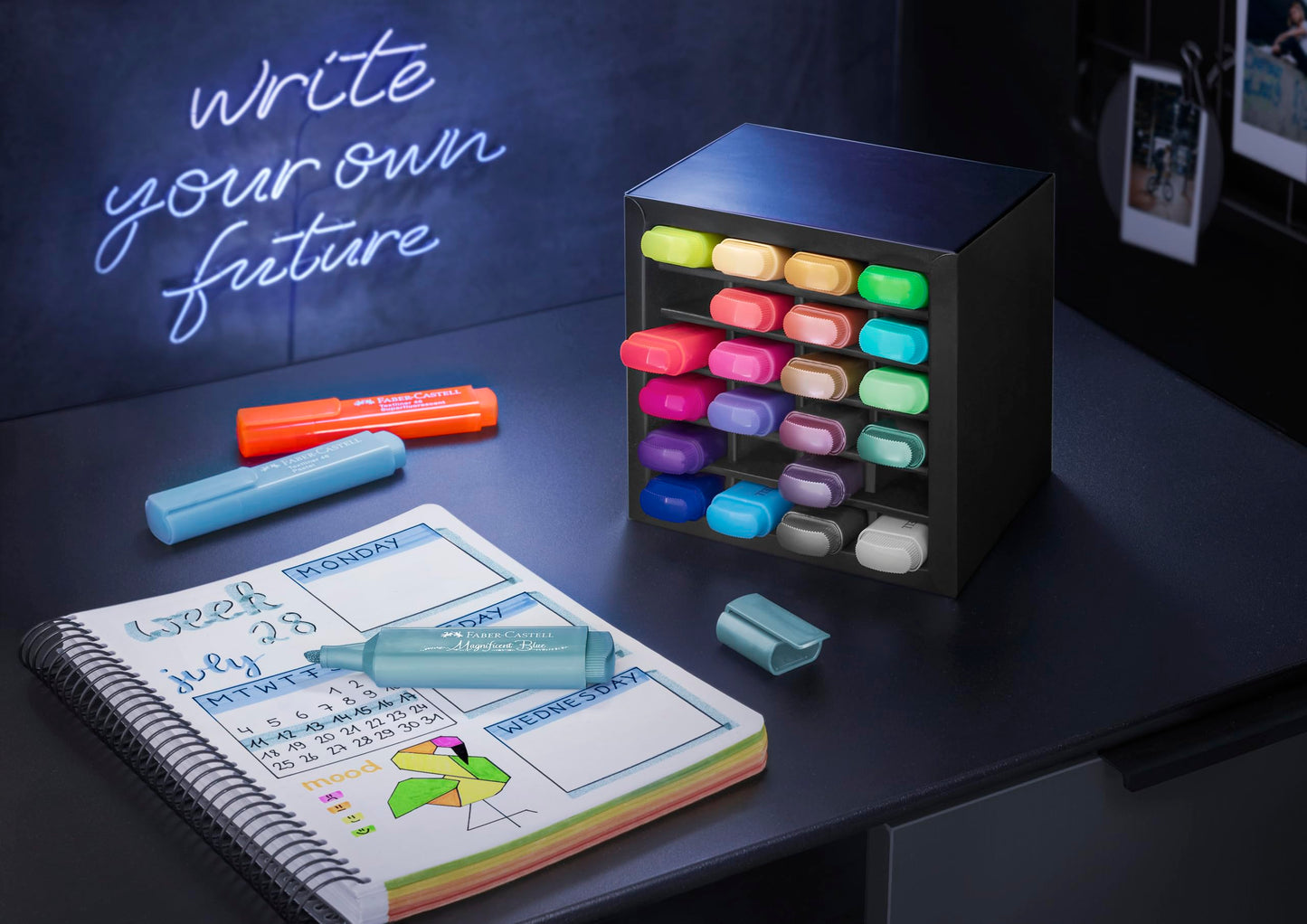 Faber-Castell Highlighter Desk Set - Assortment of 24 Chisel Tip Markers, Metallic, Neon, and Pastel Set - Thin No Bleed Highlighters, Stationery and Bullet Journal Supplies, Gifts for Artists