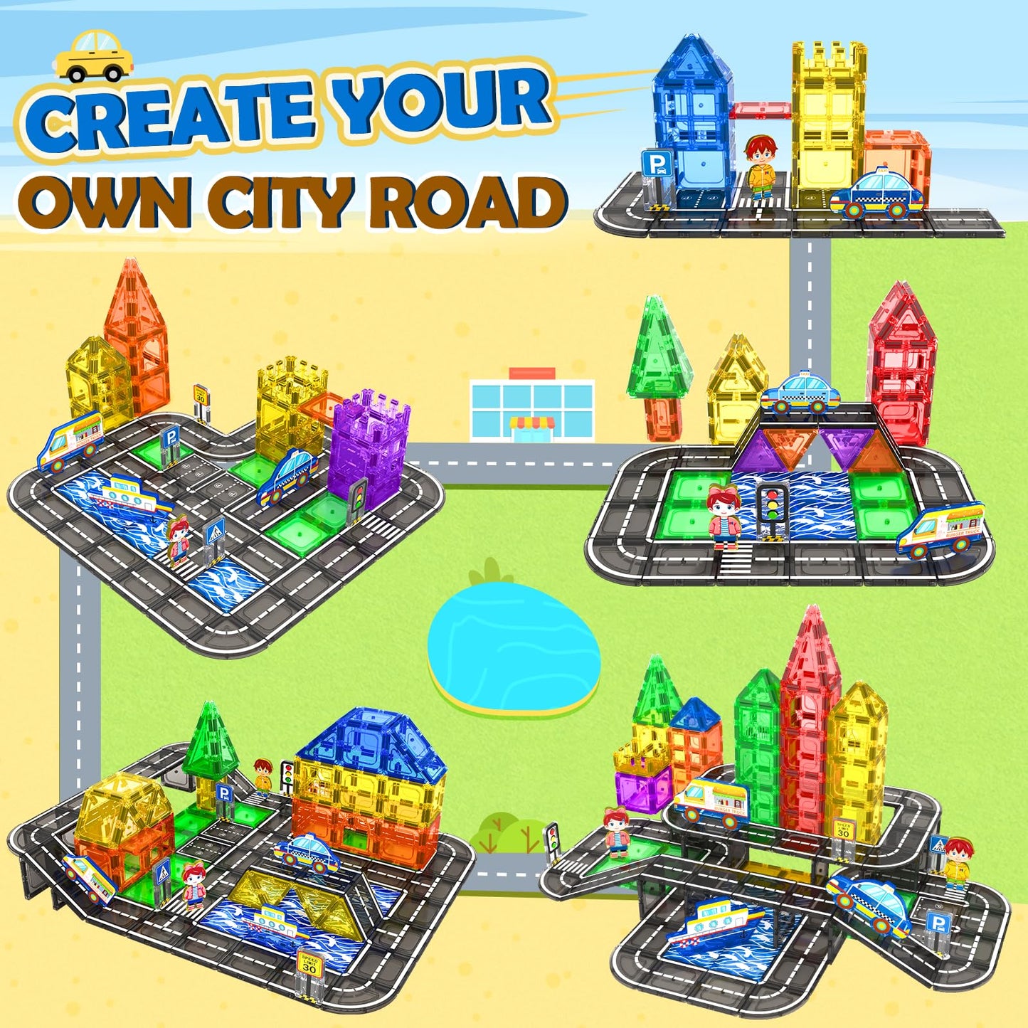 112PCS Magnetic Tiles Road Set with Vibrant Color & Ultra Magnet Strength, City Road Building Blocks Construction Toys for Toddlers Kids Ages 3-12, Creative Gifts STEM Toys for 3+ Years Old Boys Girls