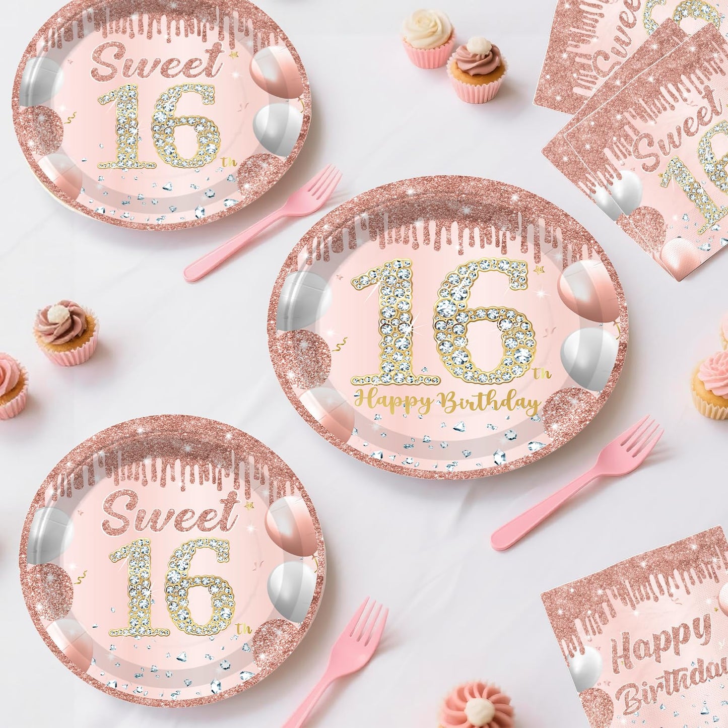 Cocomigo 241pcs Sweet 16 Party Decorations, Complete 16th Birthday Decorations for Girls Sweet 16 Sash Pink Rain Curtains Suitable for Photos at 16th Party, Sturdy 300gsm Paper Plates Serves 25