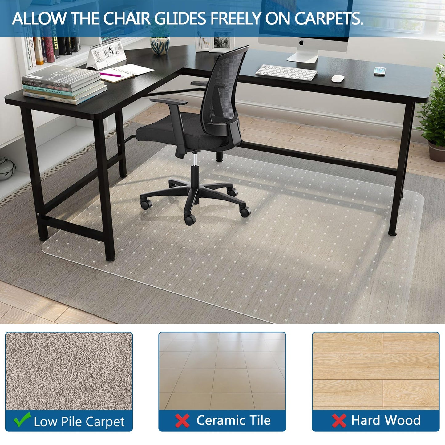 Futurwit Office Chair Mat for Carpet, 36" x 48" Low Pile Carpet Protector Mat for Office Chair, Under Desk Office Mats for Rolling Chairs, Easy Glide, Rectangle
