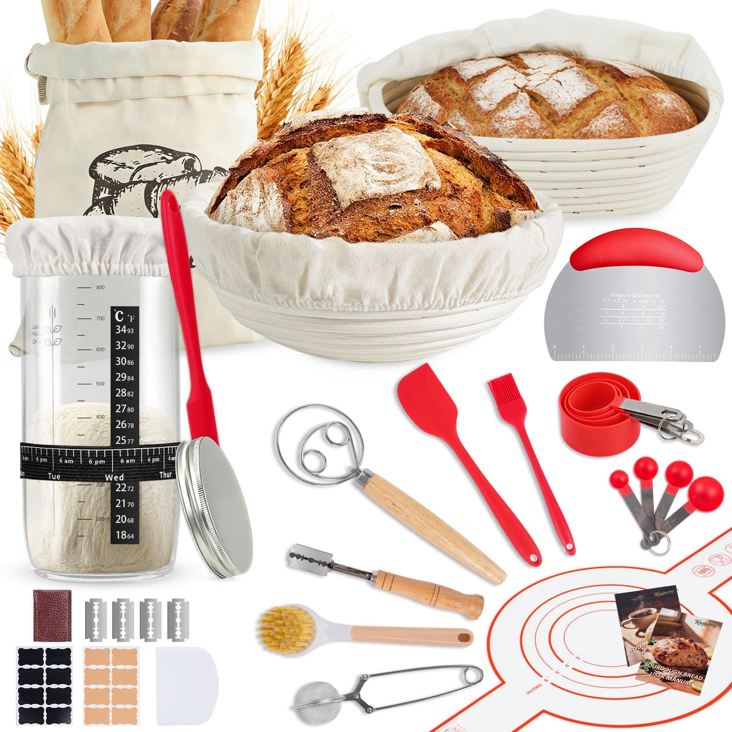 KNEDWRMY Sourdough Starter Kit & Sourdough Bread Baking Supplies-10" Round & Oval Banneton Proofing Baskets, 32 oz Sourdough Starter Glass Jar, Bread Making Tools, for Bread Making/Baking Fermentation